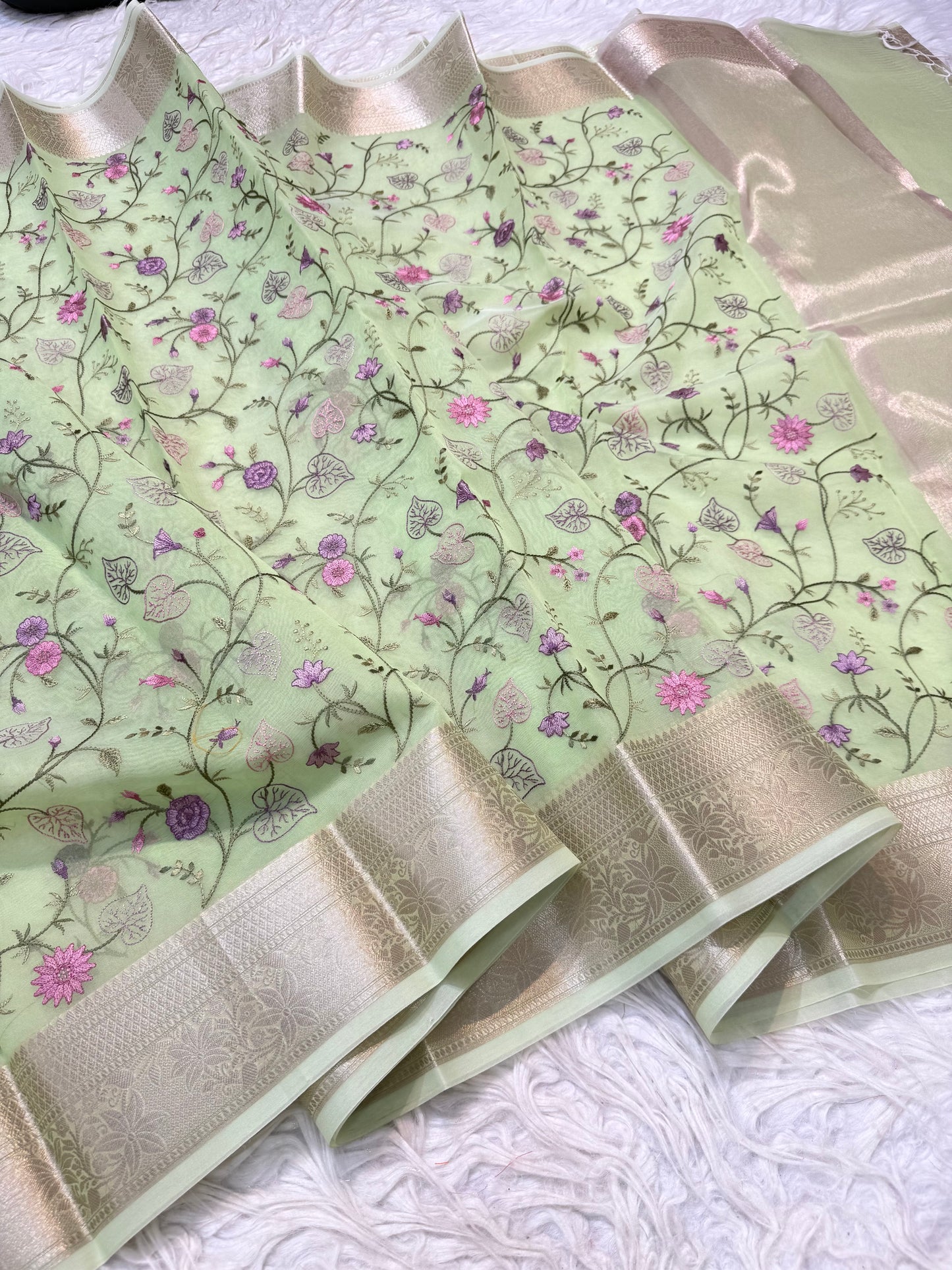 Pista green shade organza embroidery Banarasi saree