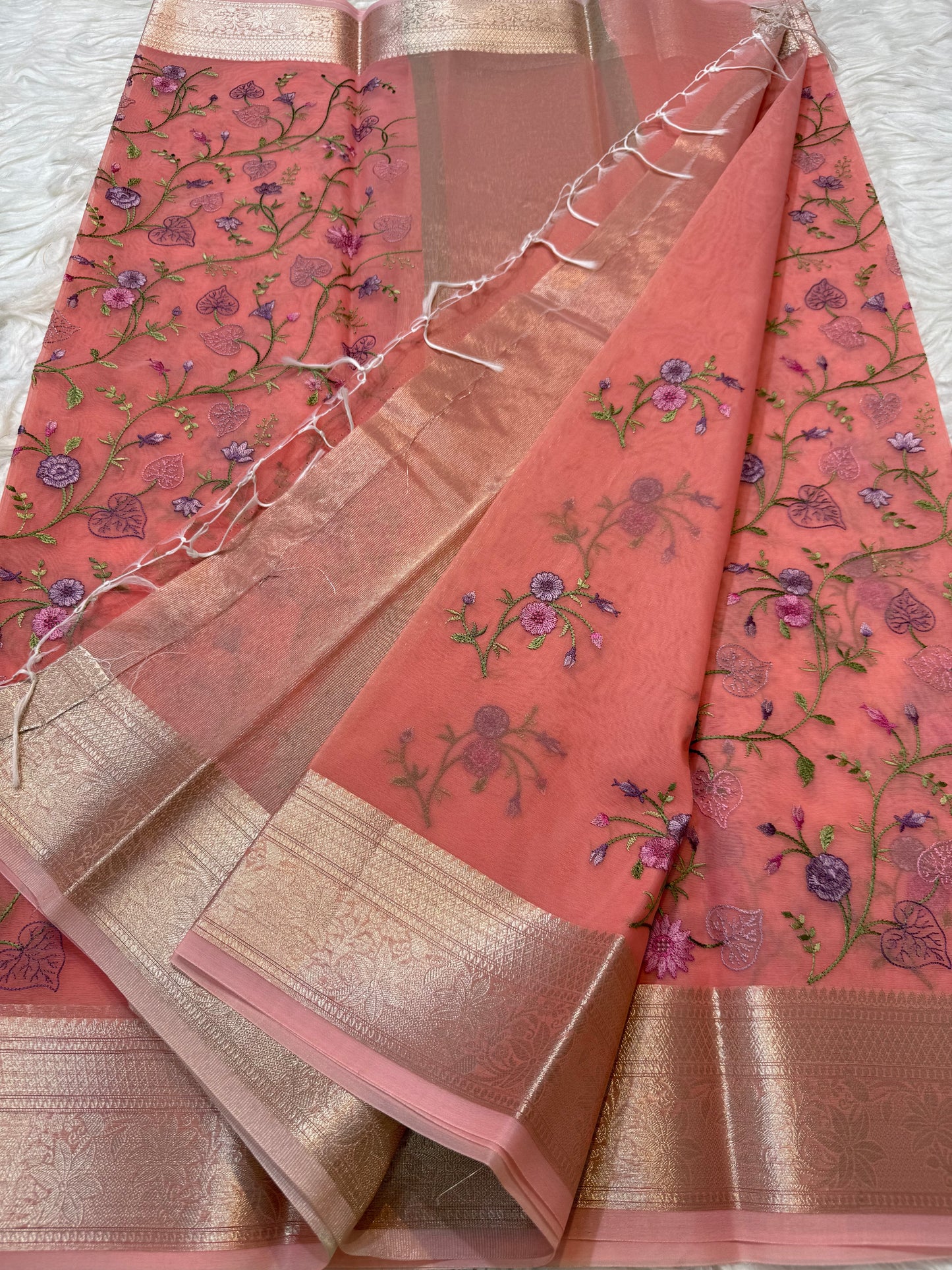 Peach shade organza embroidery Banarasi saree