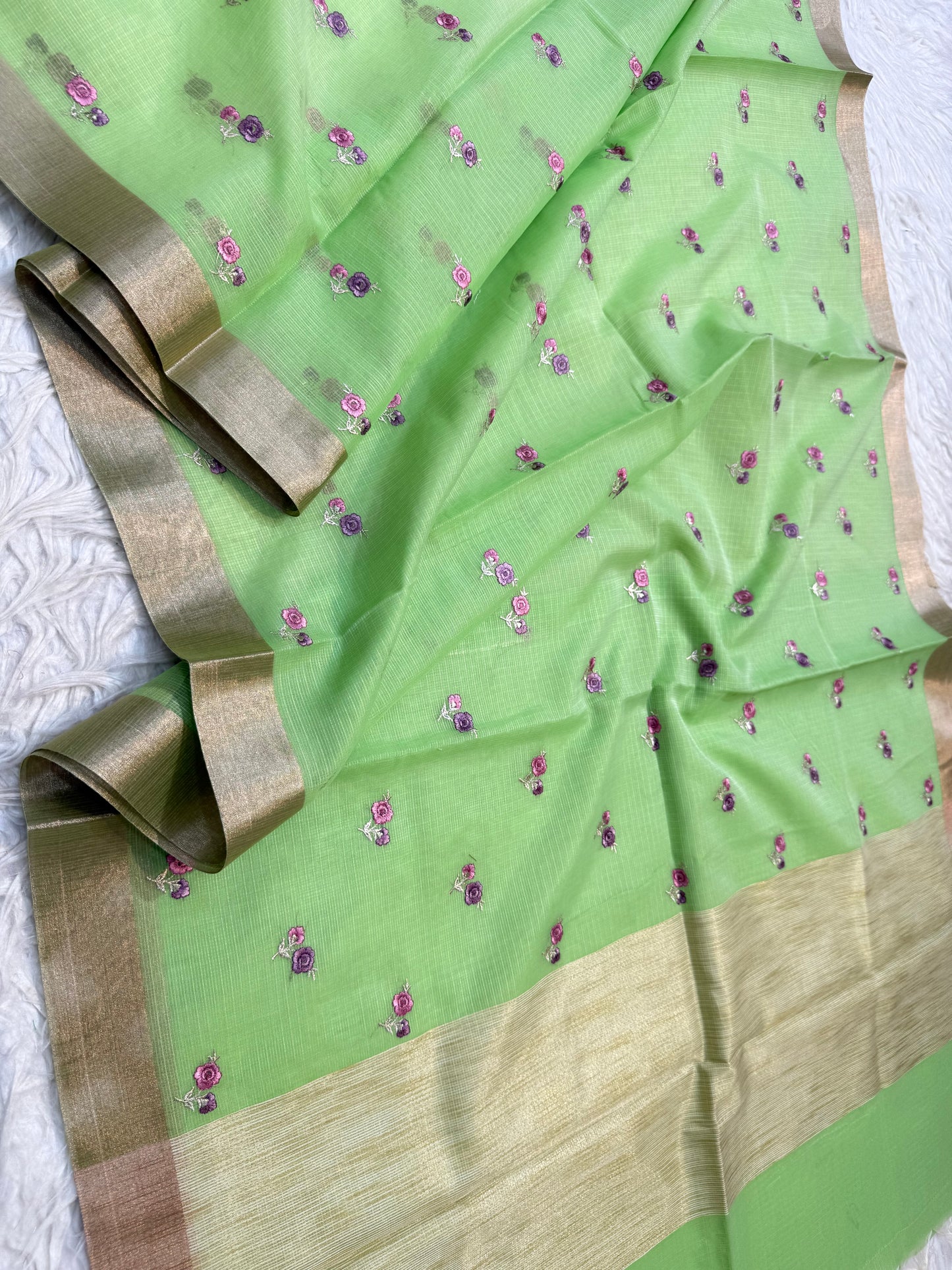 Pista green shade cotton kota embroidery Banarasi saree