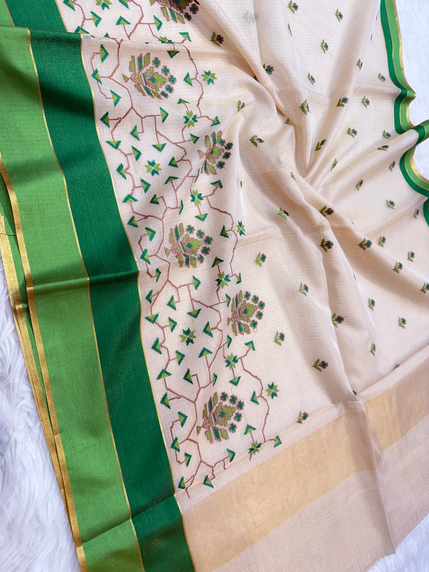 Off White Sea green bottle green shade tissue kota embroidery Banarasi saree