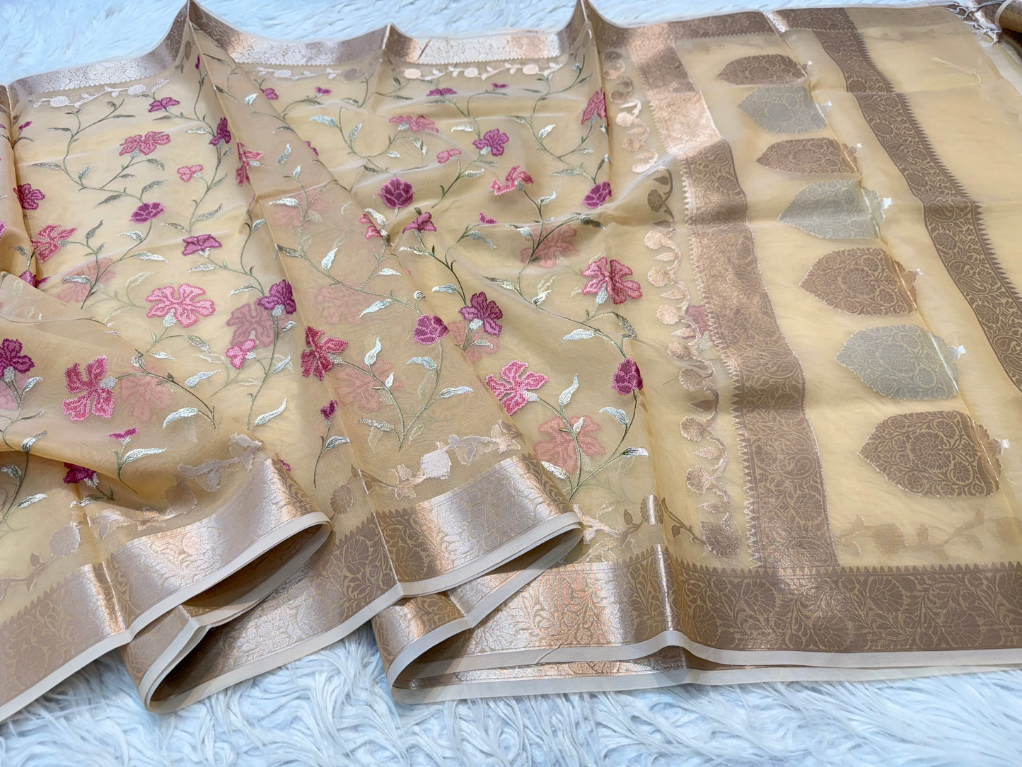 Beige shade kora organza embroidery Banarasi saree