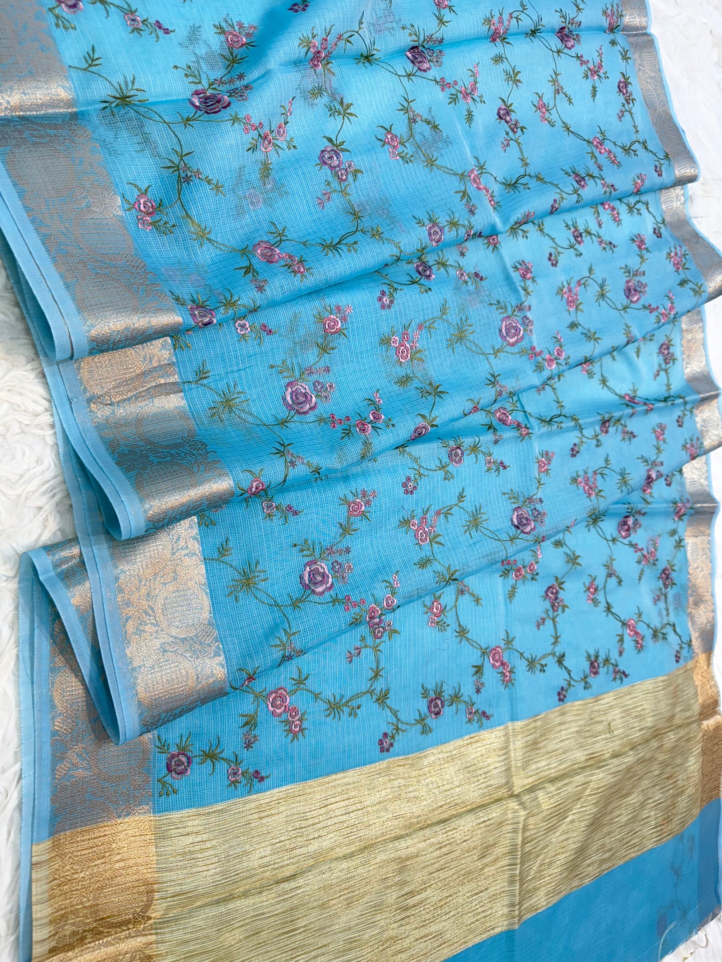Sky blue shade cotton kota embroidery Banarasi saree