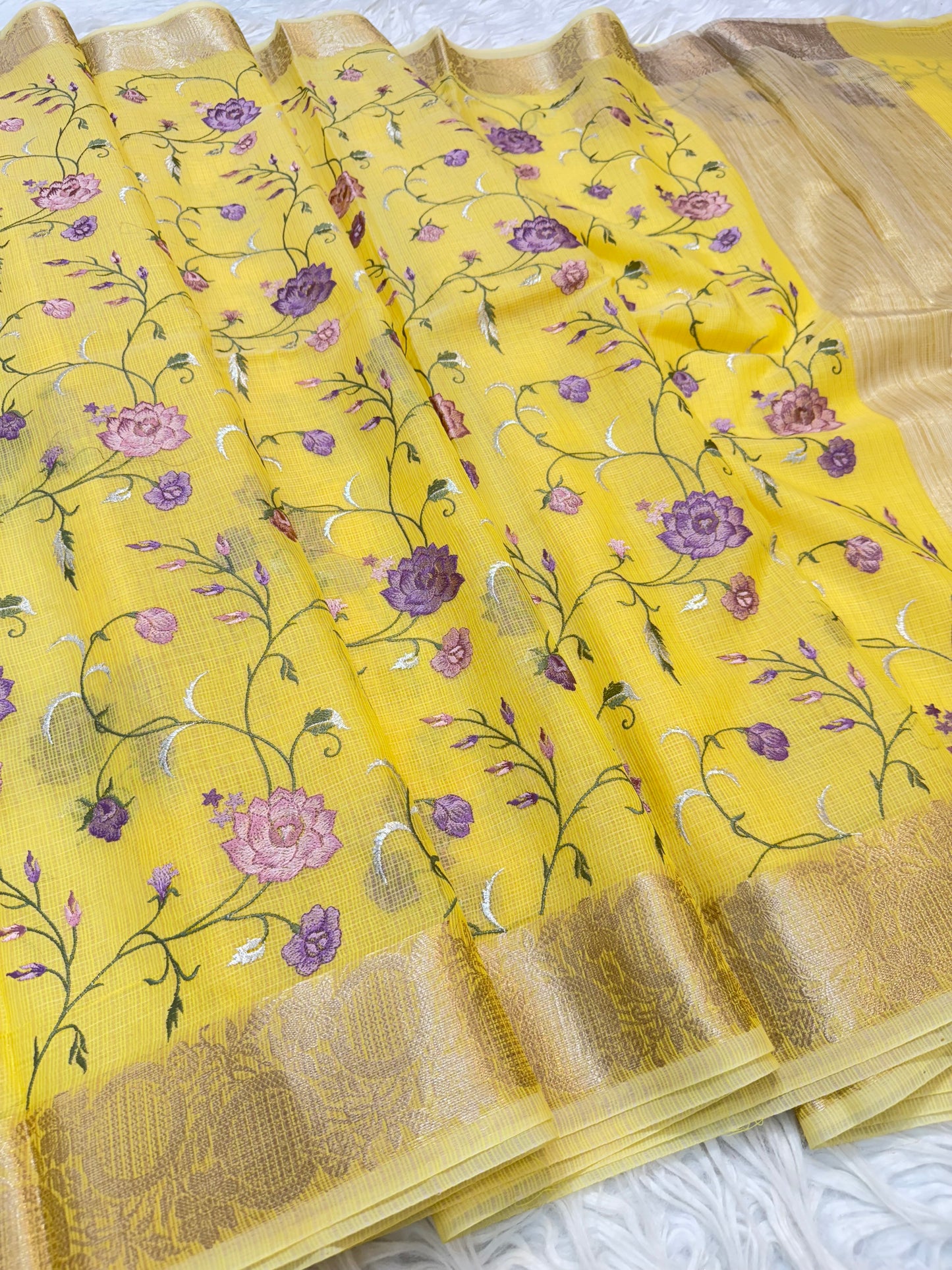 Yellow shade kota embroidery Banarasi saree