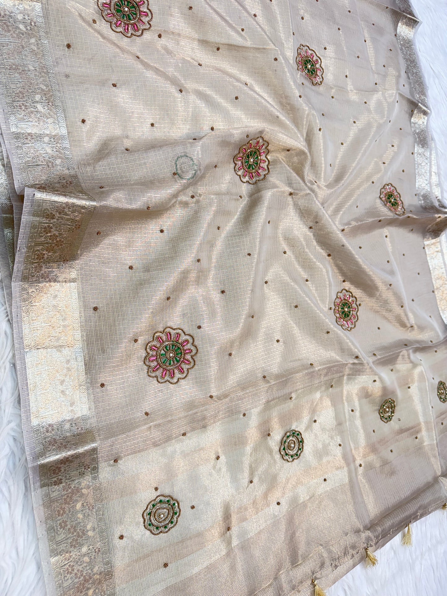 Silver shade tissue kota designer handwork premium Banarasi saree
