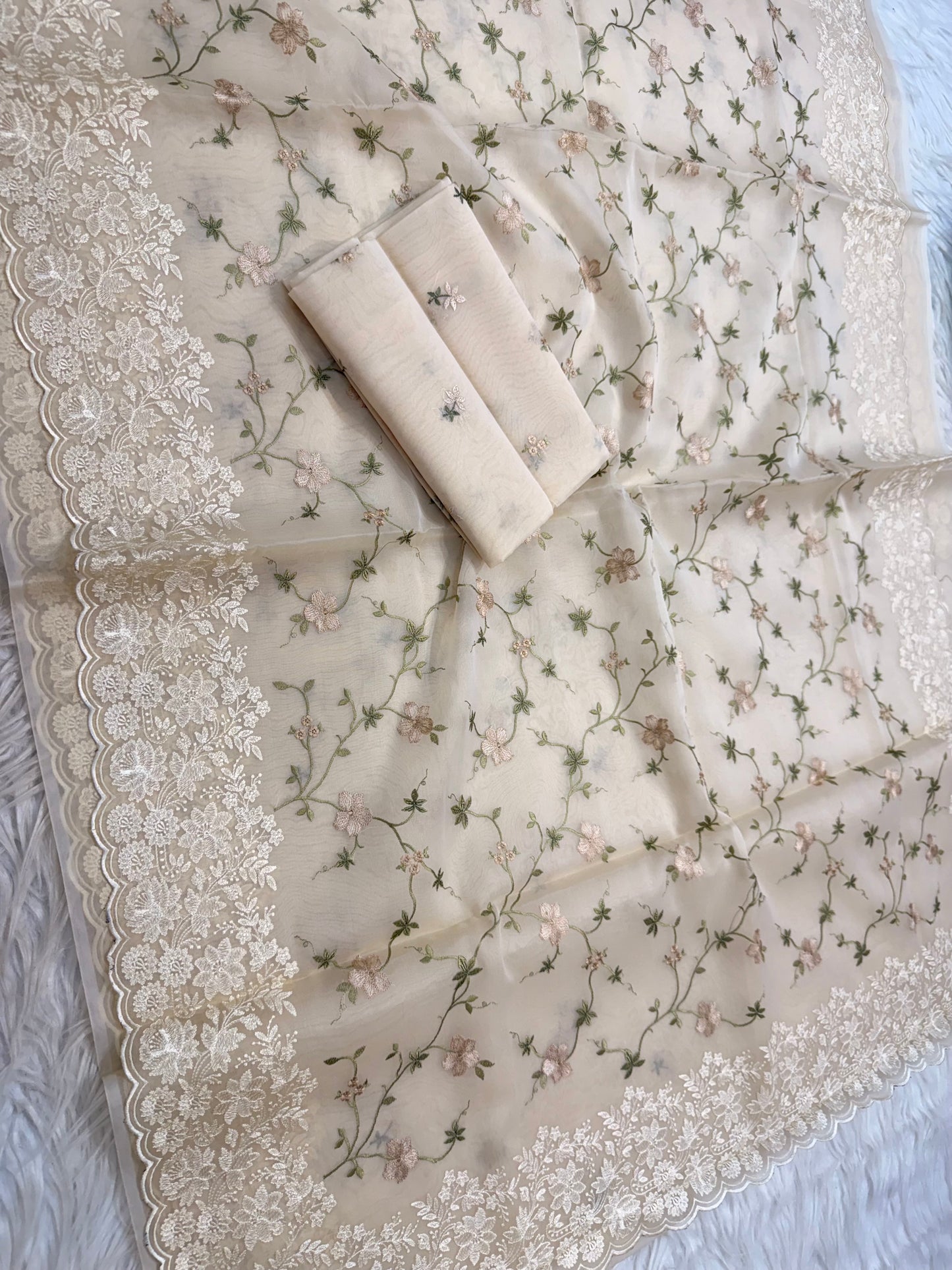 Off white shade kora organza cutwork embroidery Banarasi saree