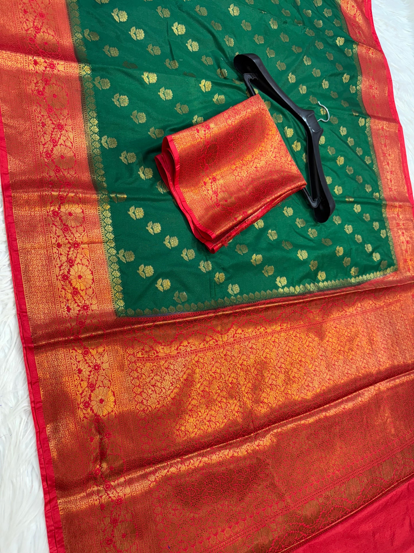 Bottle green red shade Dupion Silk premium Banarasi Saree