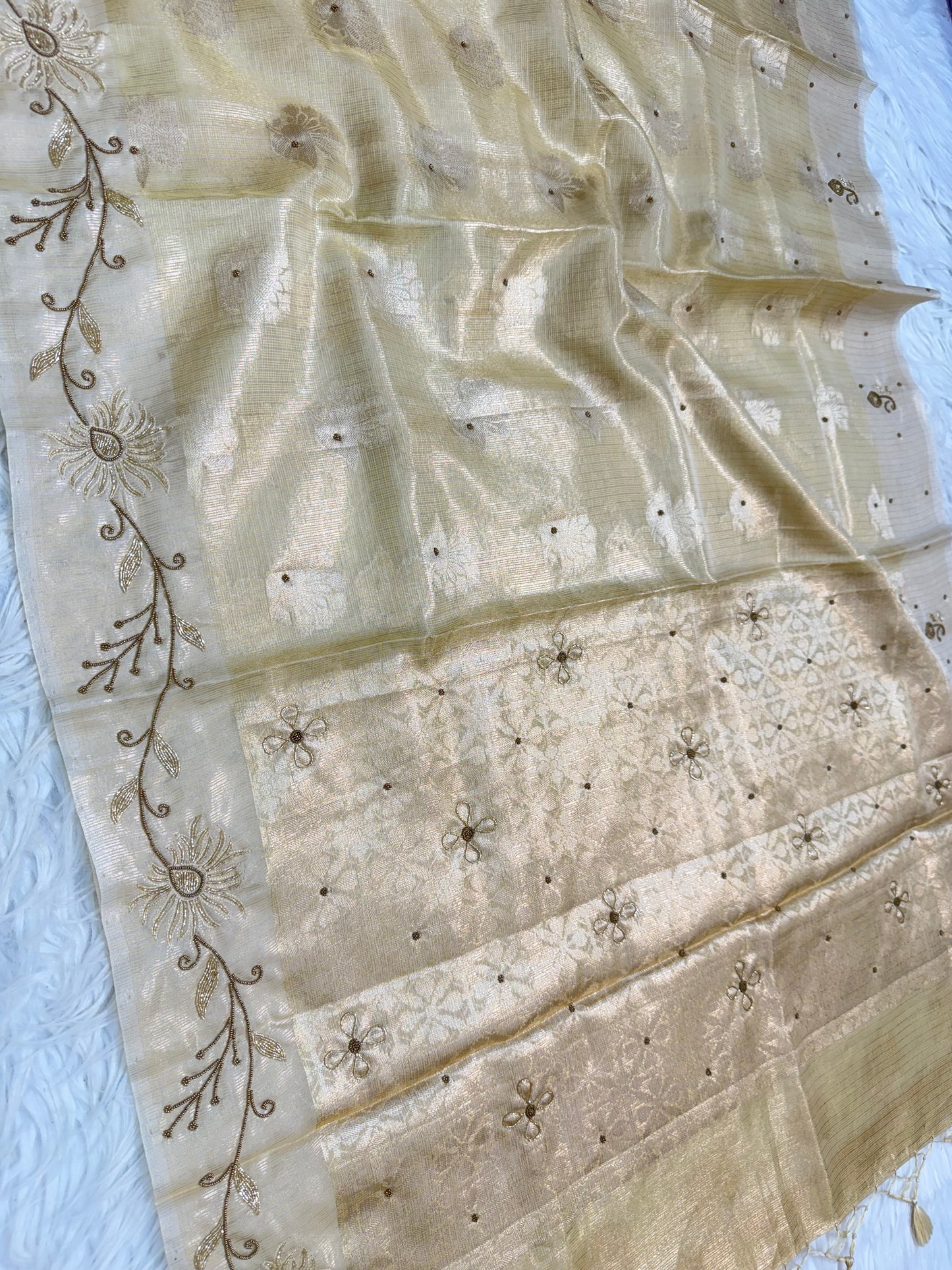 Yellow shade tissue kota designer handwork premium Banarasi saree