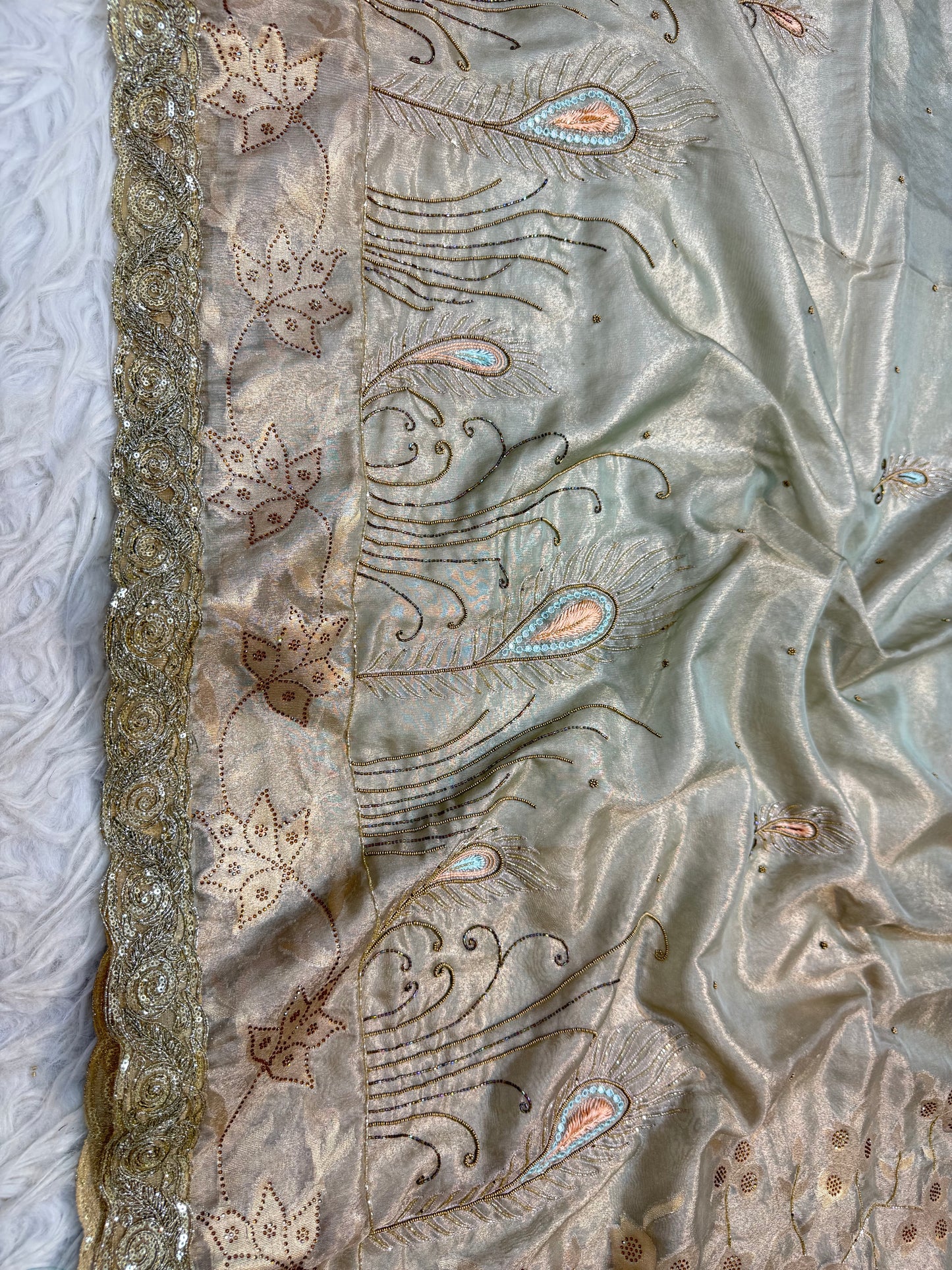 Pista green shade tissue ari & zardosi work designer premium Banarasi saree