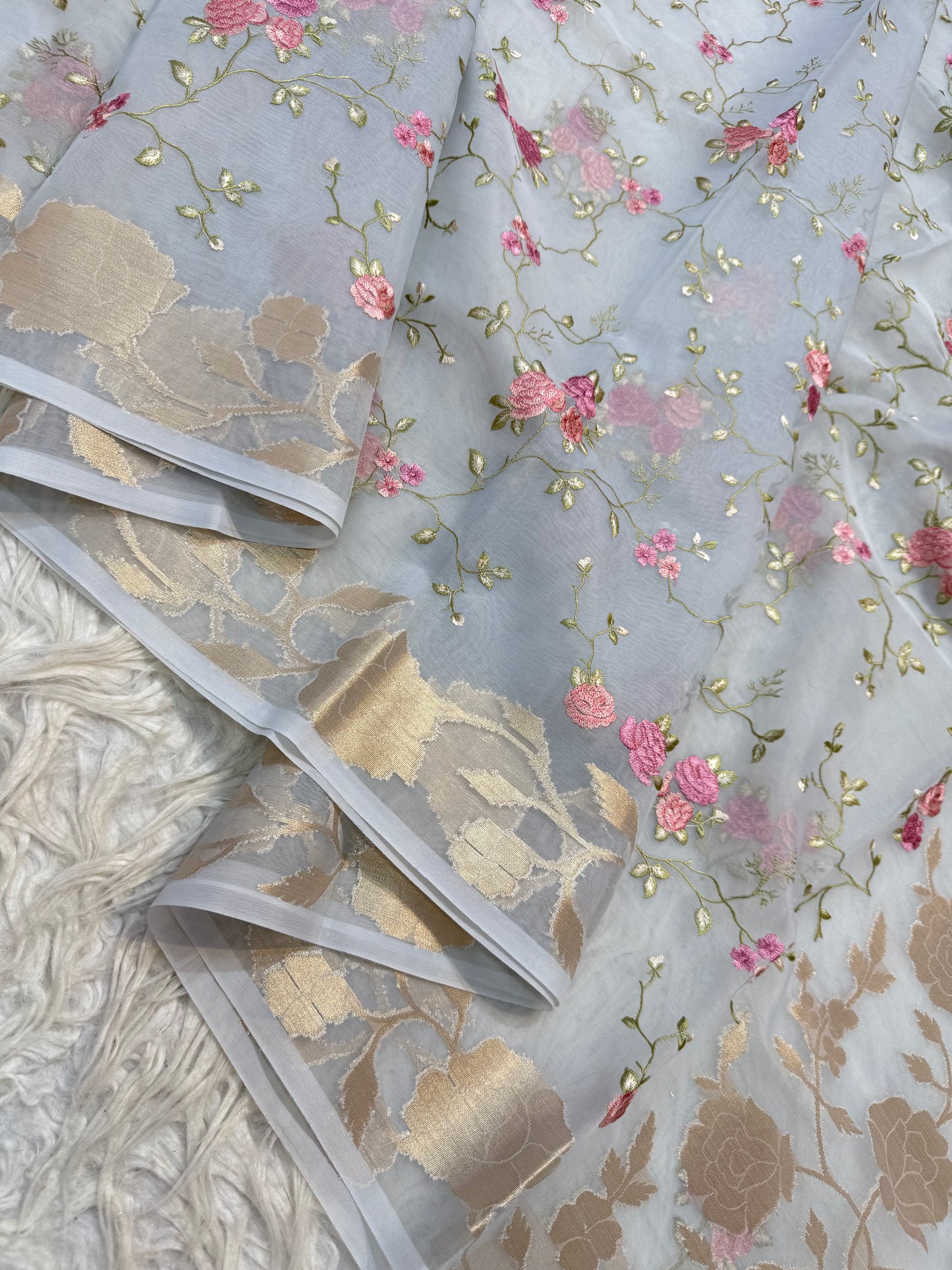 Grey shade kora organza embroidery Banarasi saree