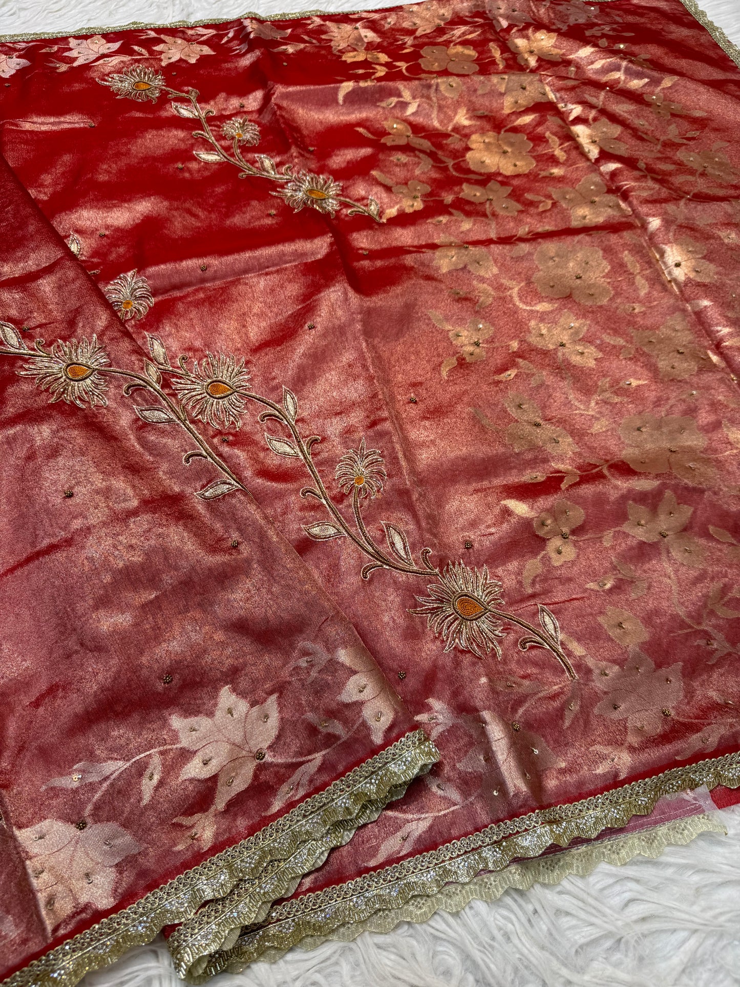Red shade tissue ari & zardosi work designer premium Banarasi saree
