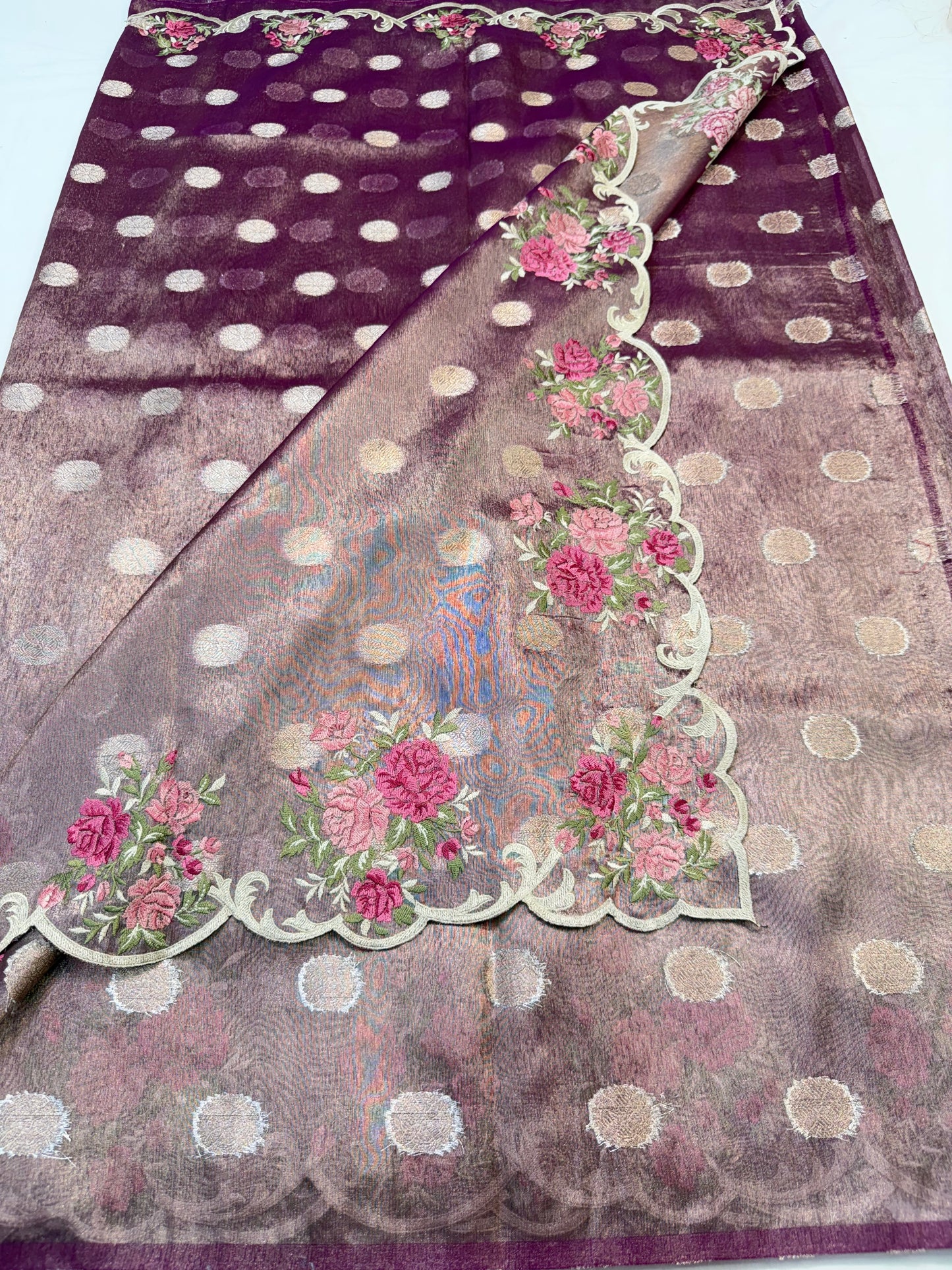 Magenta tissue cutwork embroidery premium designer Banarasi saree