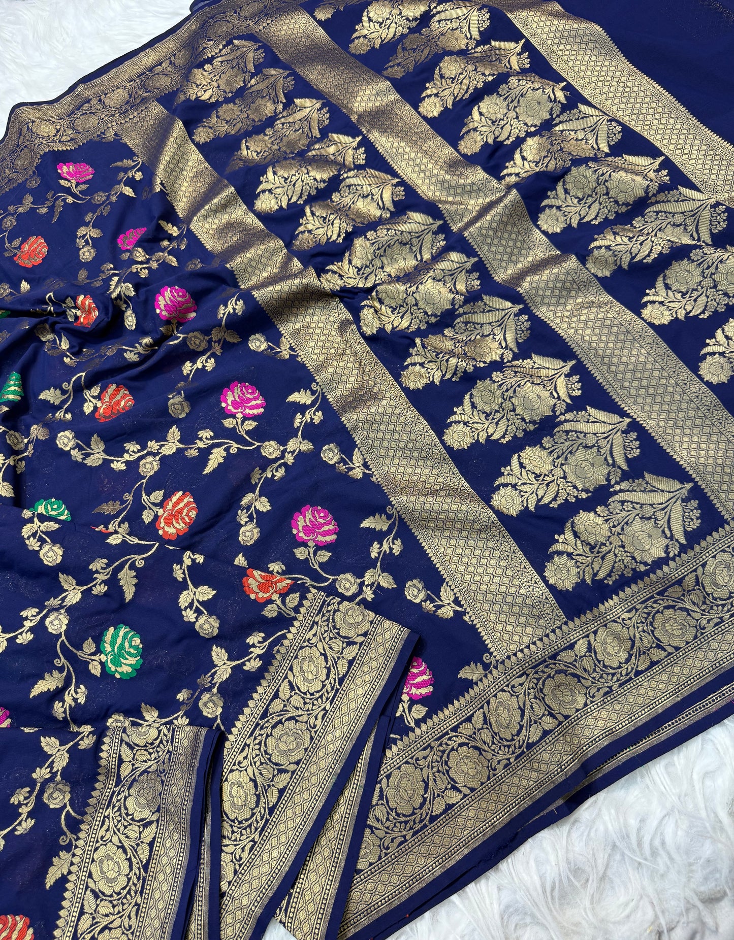 blue magenta shade khaddi georgatte premium Banarasi saree