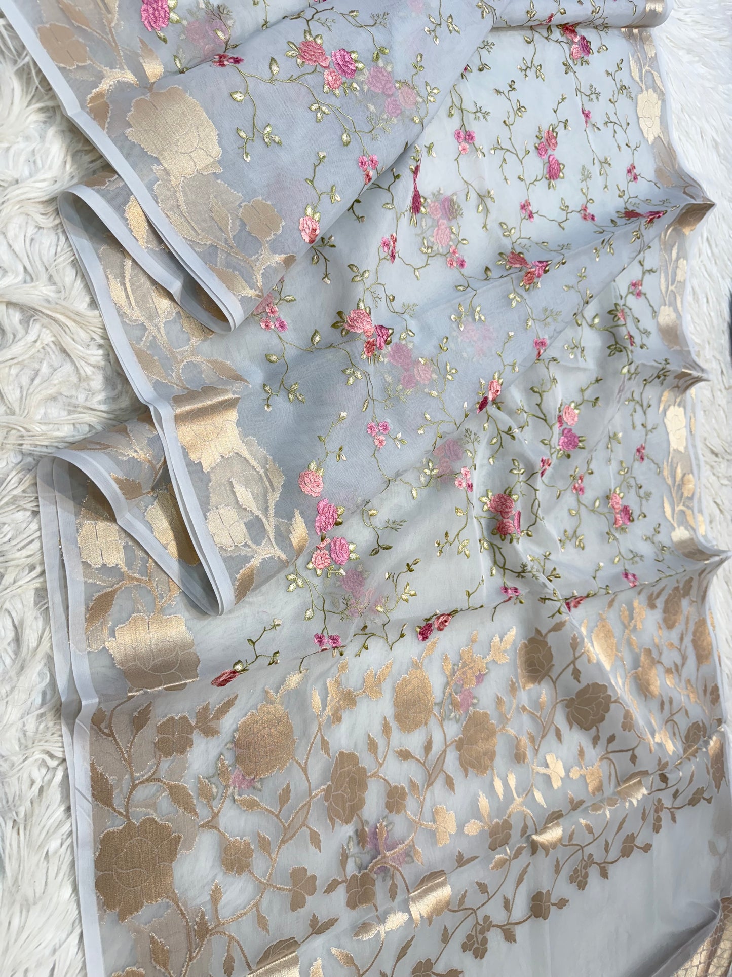 Grey shade kora organza embroidery Banarasi saree