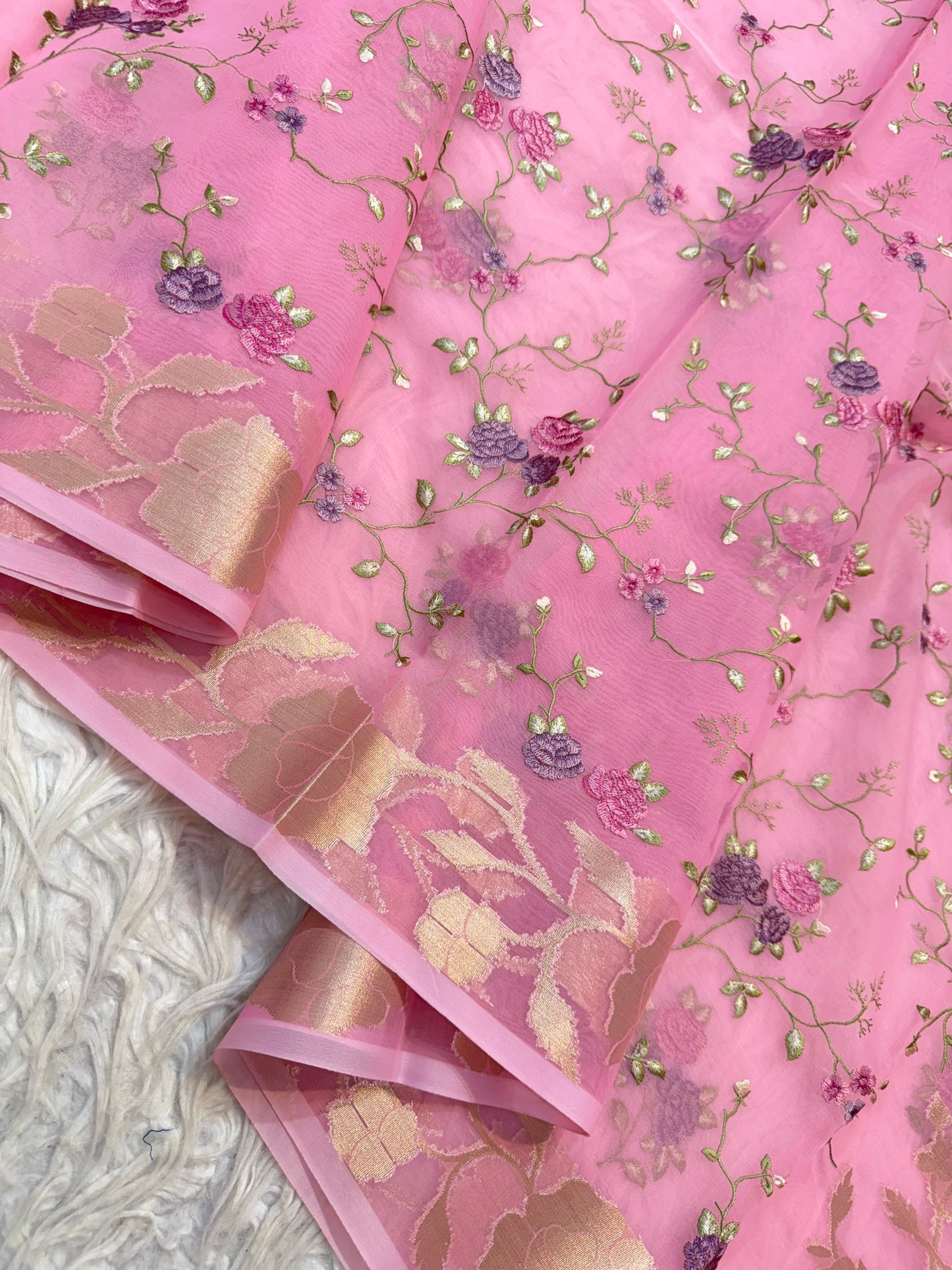 Pink shade kora organza embroidery Banarasi saree