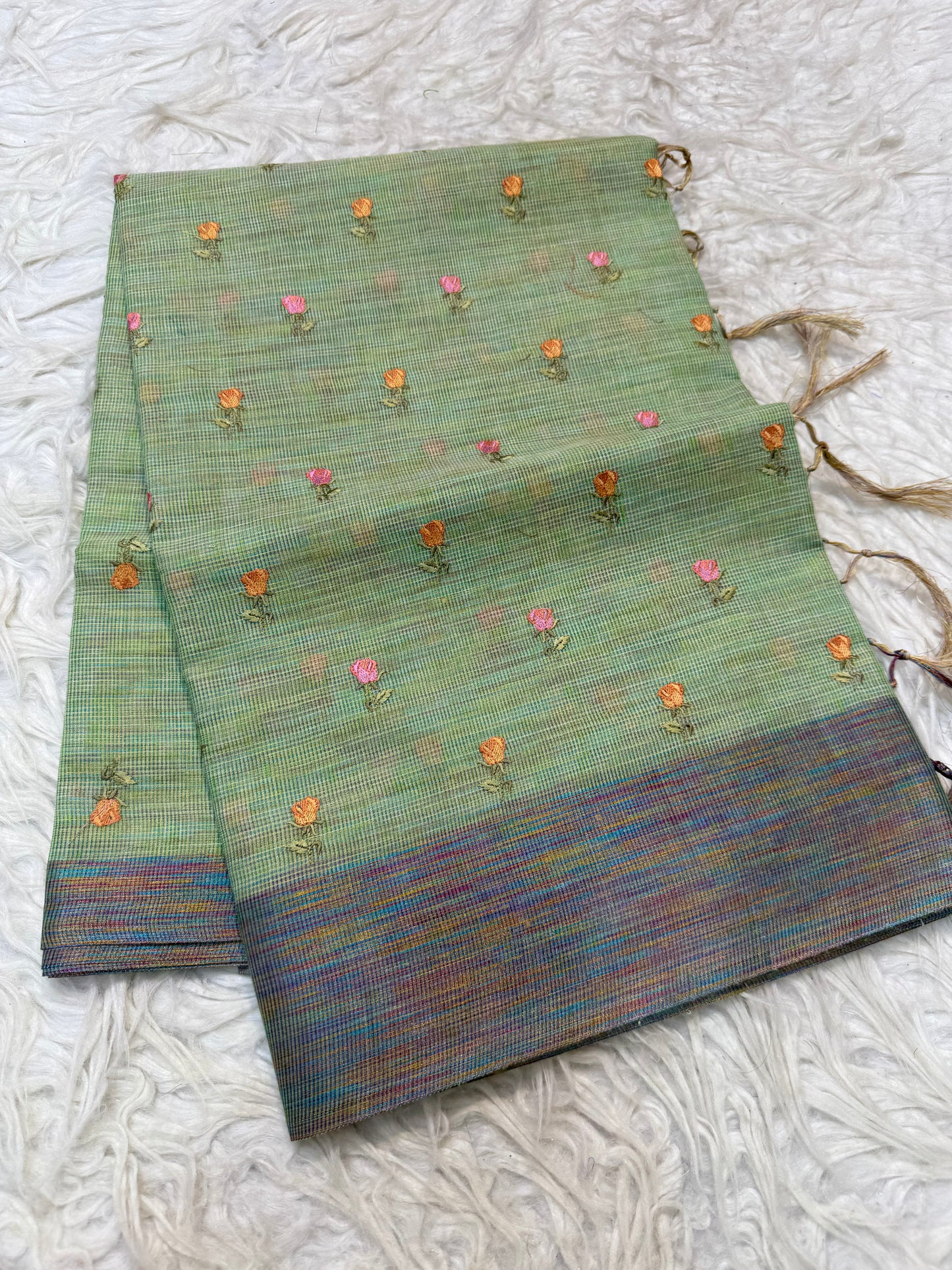 Pista green shade linen embroidery Banarasi saree