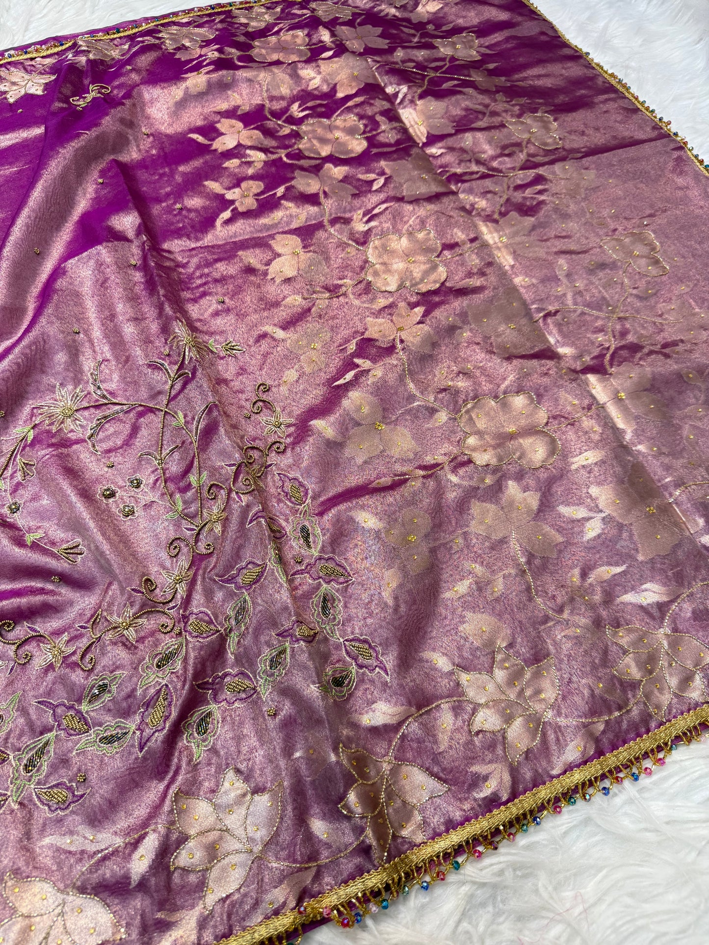 Magenta shade tissue ari & zardosi work designer premium Banarasi saree