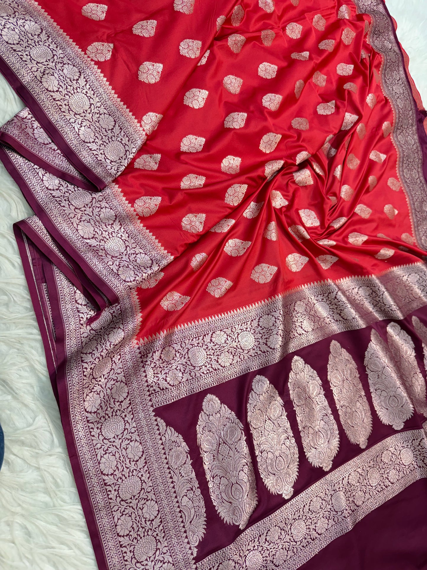Red & wine premium mashru katan Banarasi saree