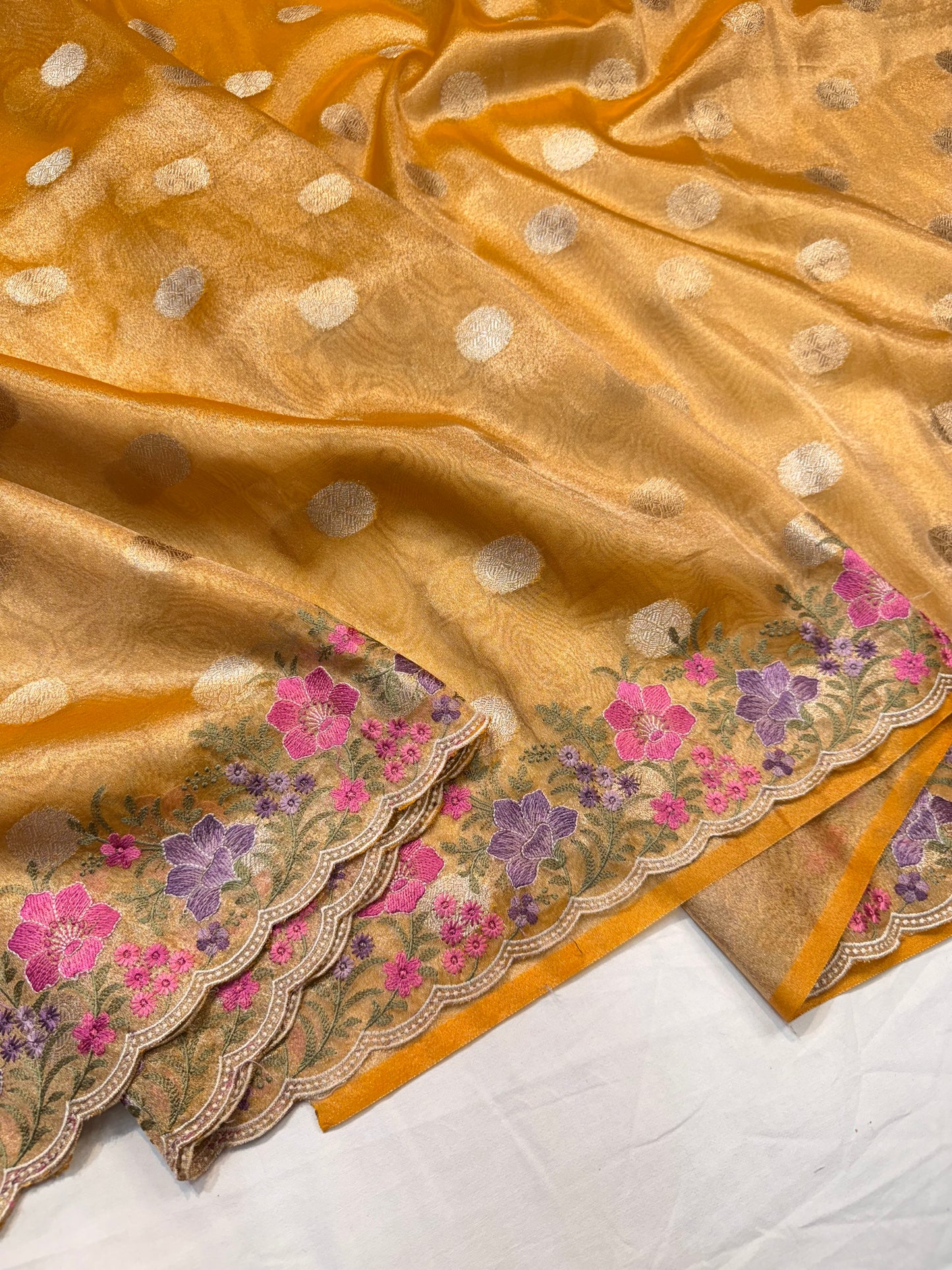 Gold tissue cutwork embroidery premium designer Banarasi saree
