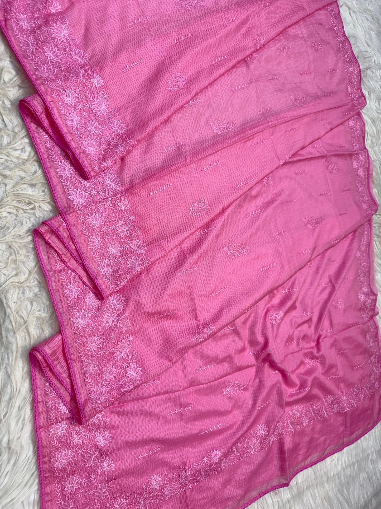 Pink shade cotton kota chickenkari embroidery Banarasi saree
