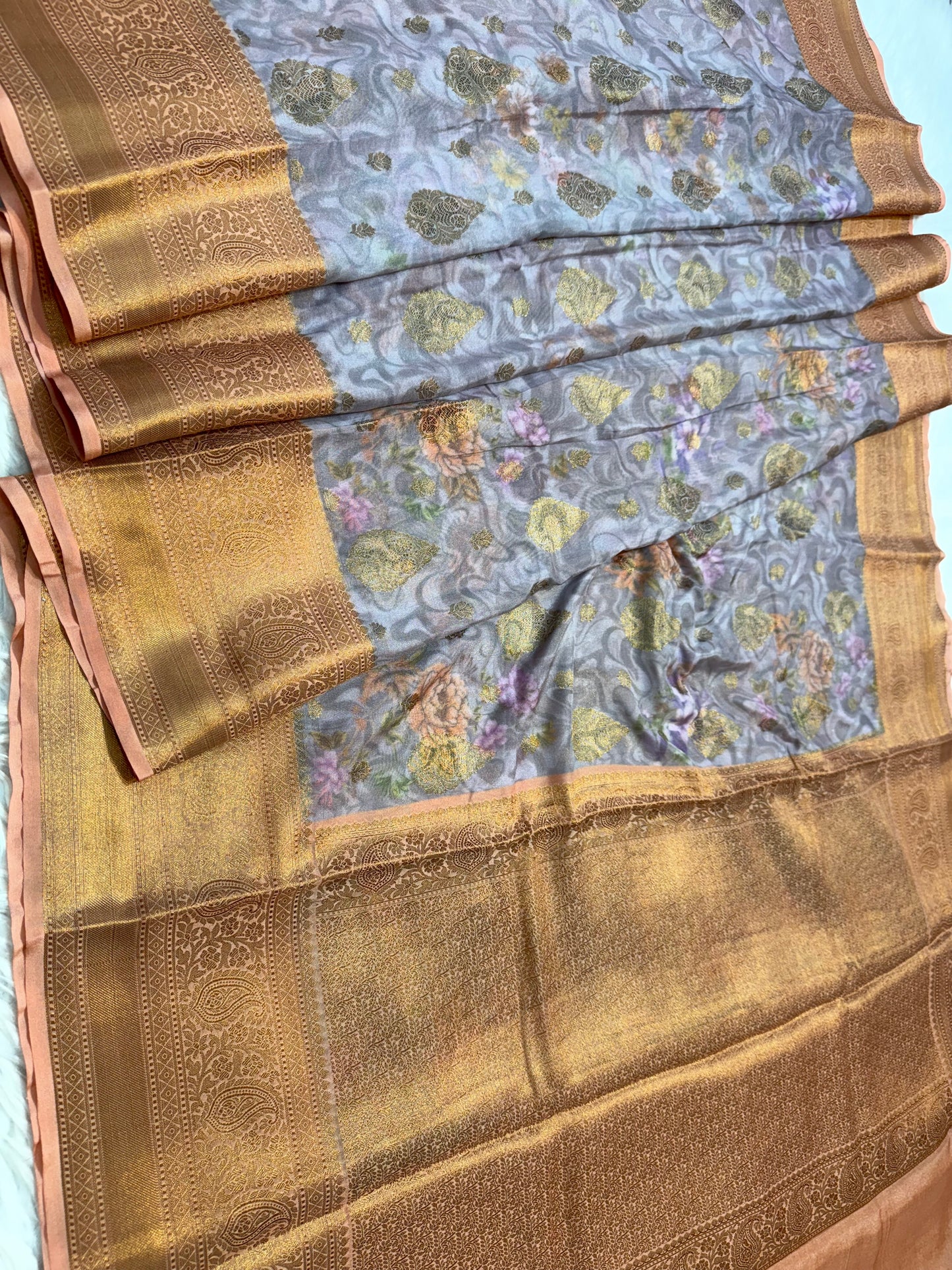 Grey peach & multicolour shade georgatte digital print Banarasi saree