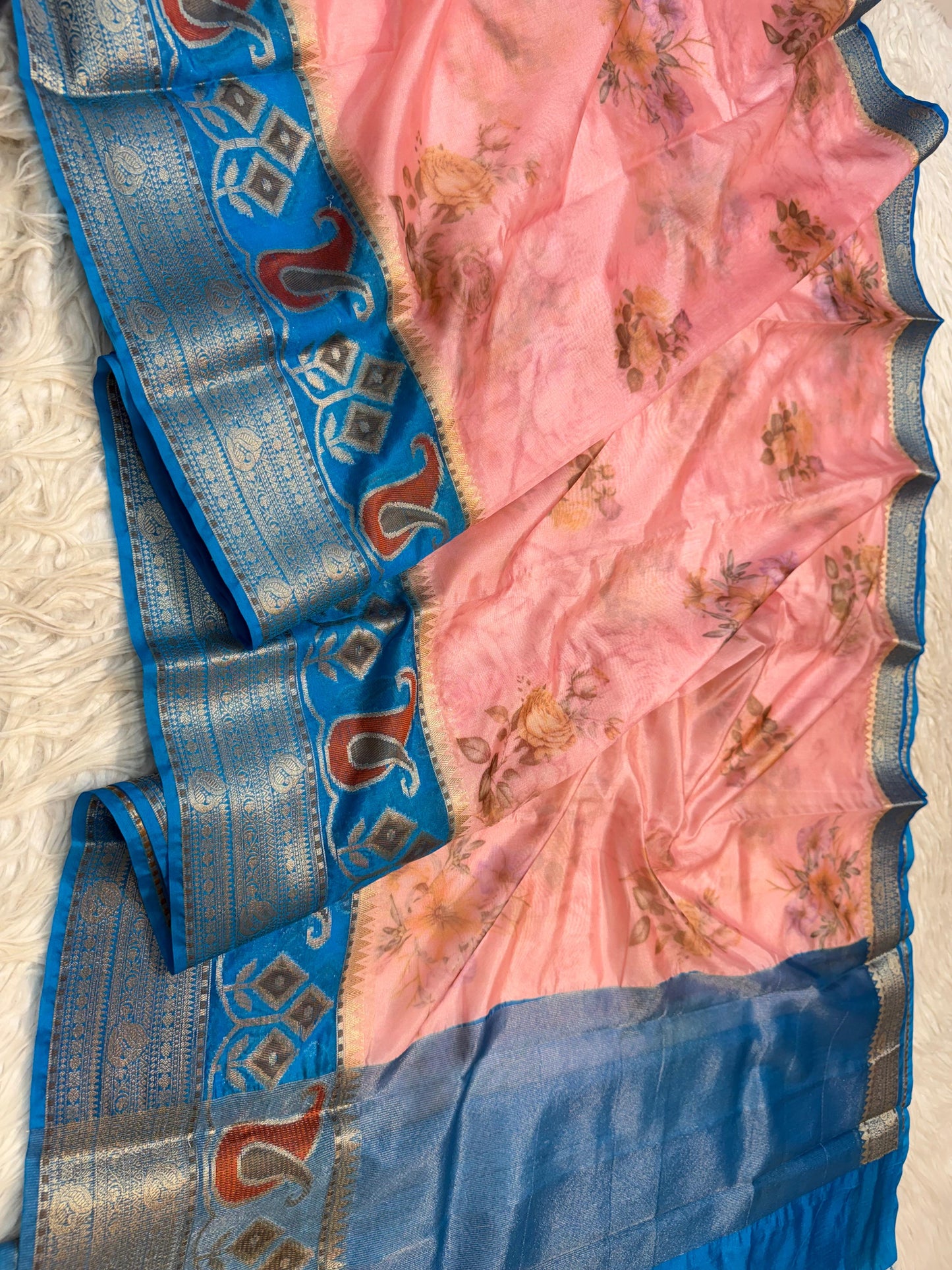 Powder Blue & Peach Contrast Kora Organza Digital Print Saree