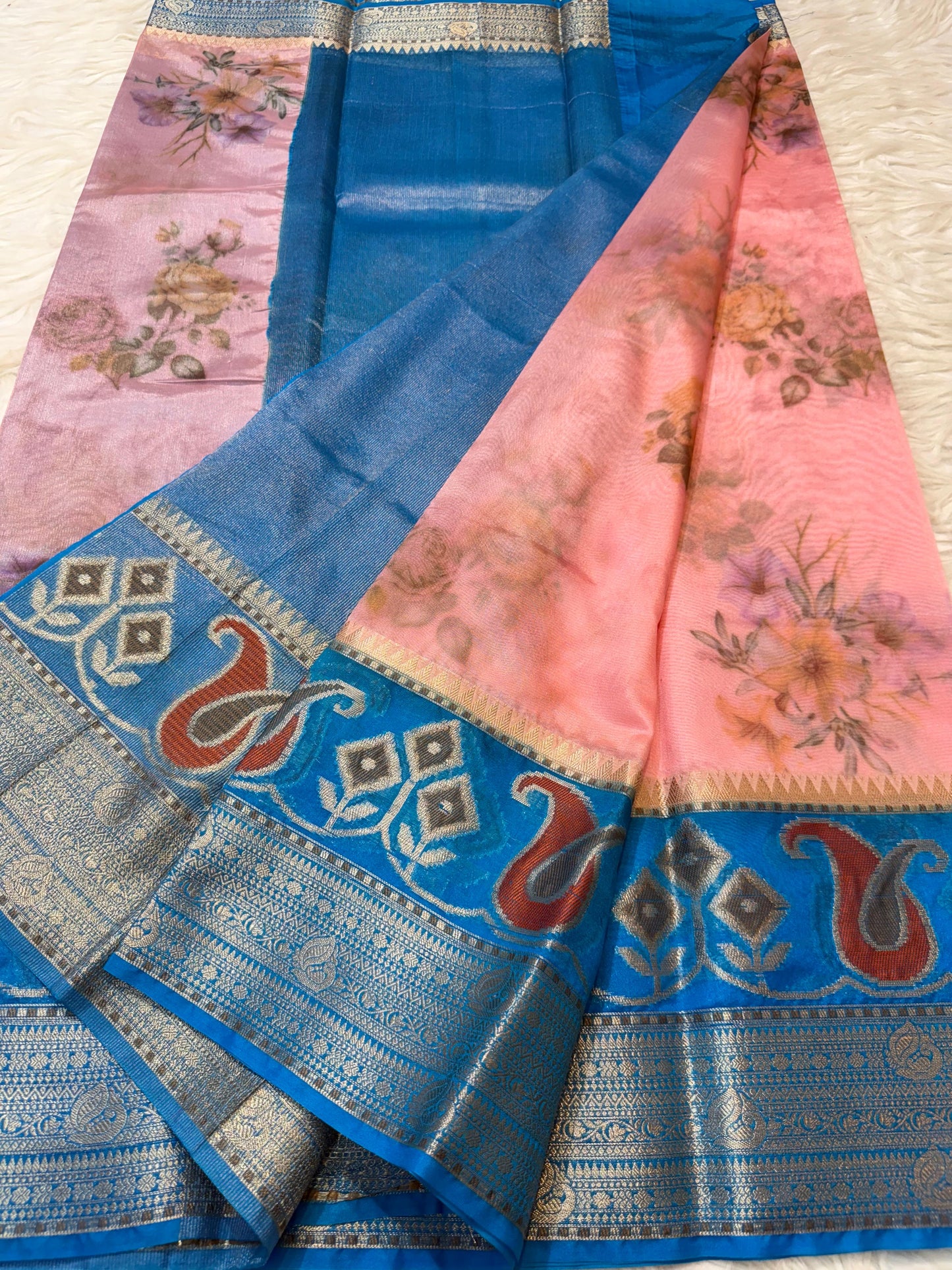 Powder Blue & Peach Contrast Kora Organza Digital Print Saree