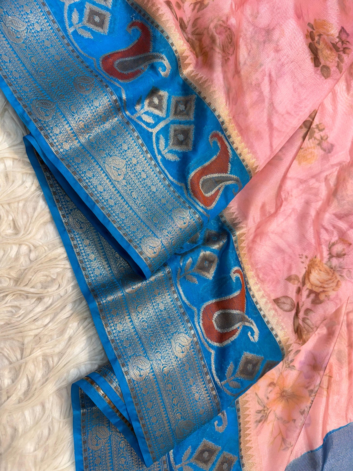 Powder Blue & Peach Contrast Kora Organza Digital Print Saree