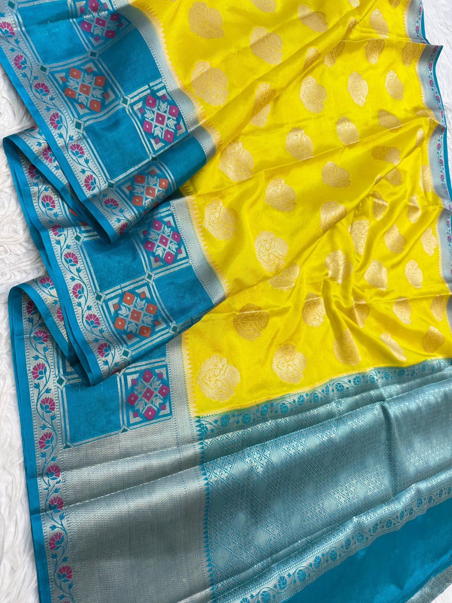 Powde Blue & Yellow Warm Silk Skirt Border Zari Boota Saree