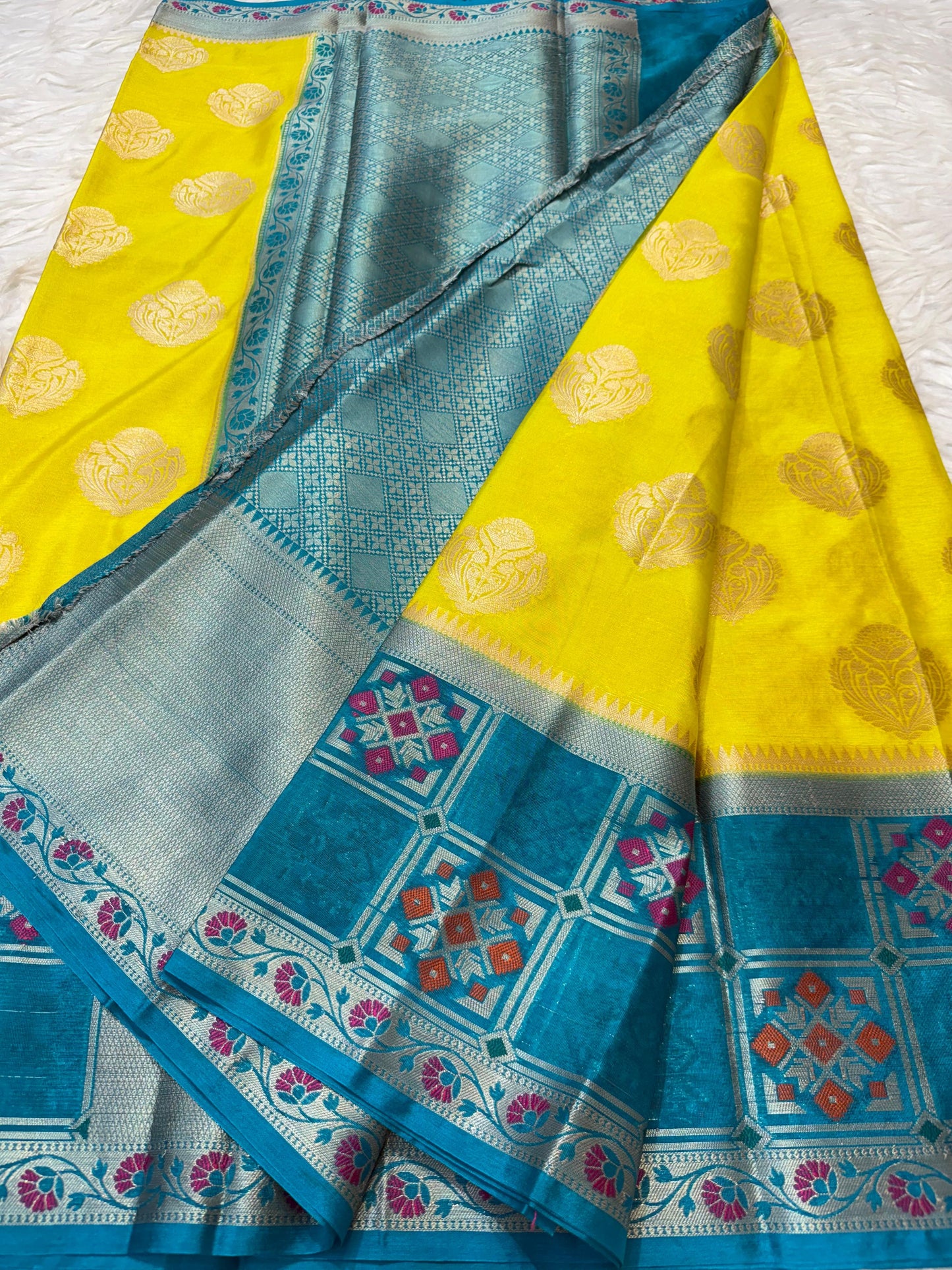 Powde Blue & Yellow Warm Silk Skirt Border Zari Boota Saree