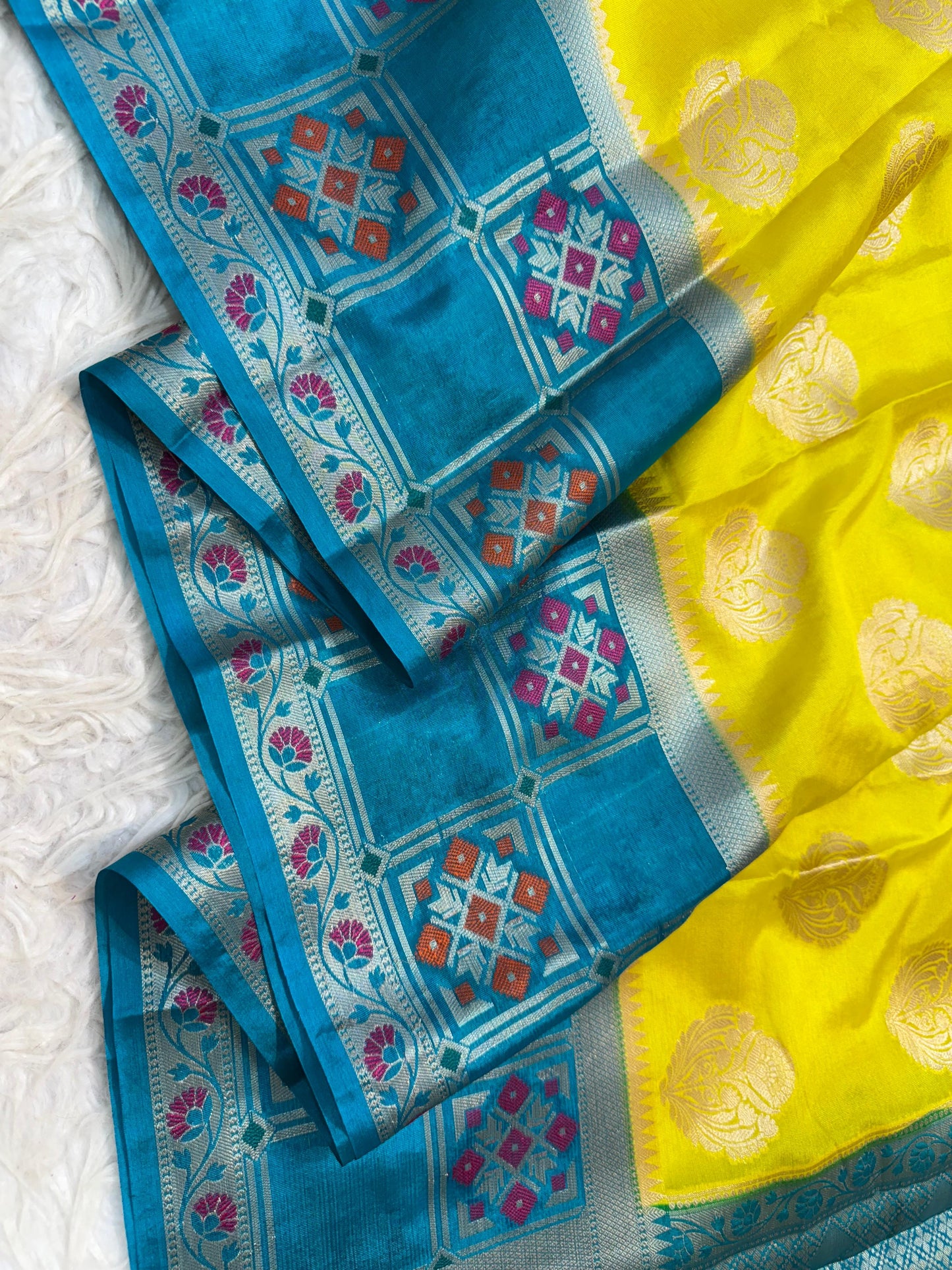Powde Blue & Yellow Warm Silk Skirt Border Zari Boota Saree