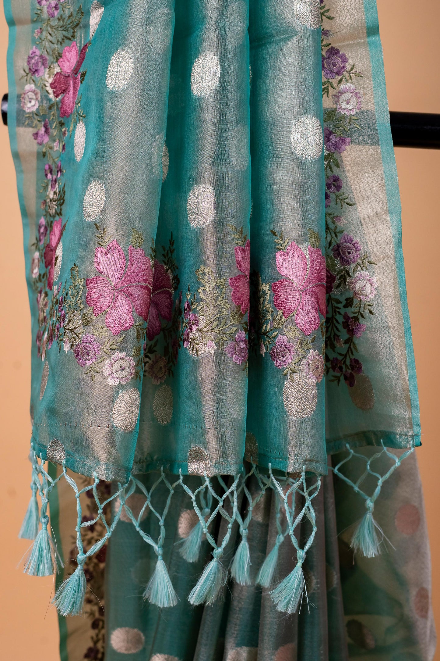 Aqua Blue Tissue Designer Embroidery Premium Banarasi Saree