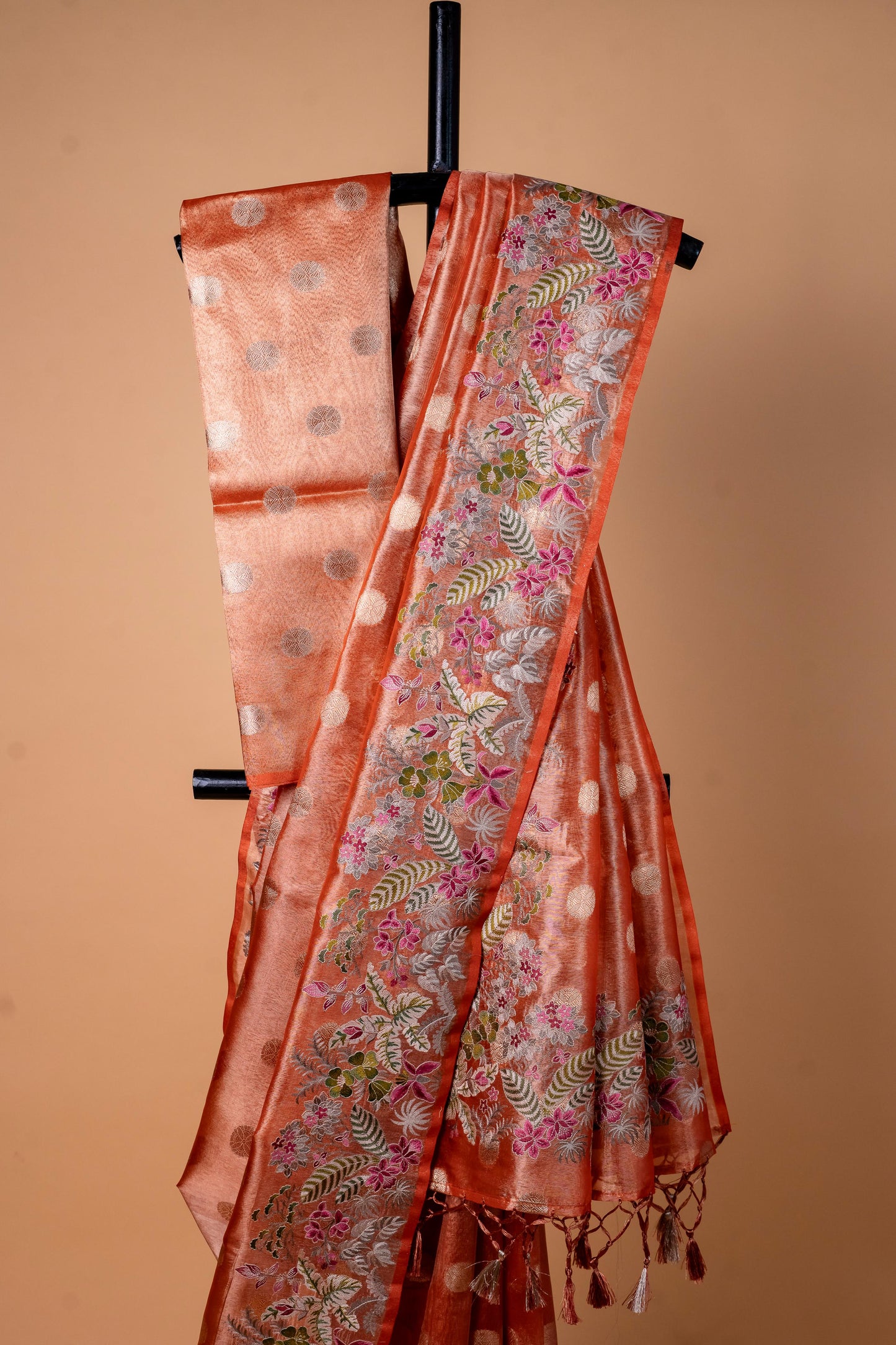 Orange Tissue Designer Embroidery Premium Banarasi Saree