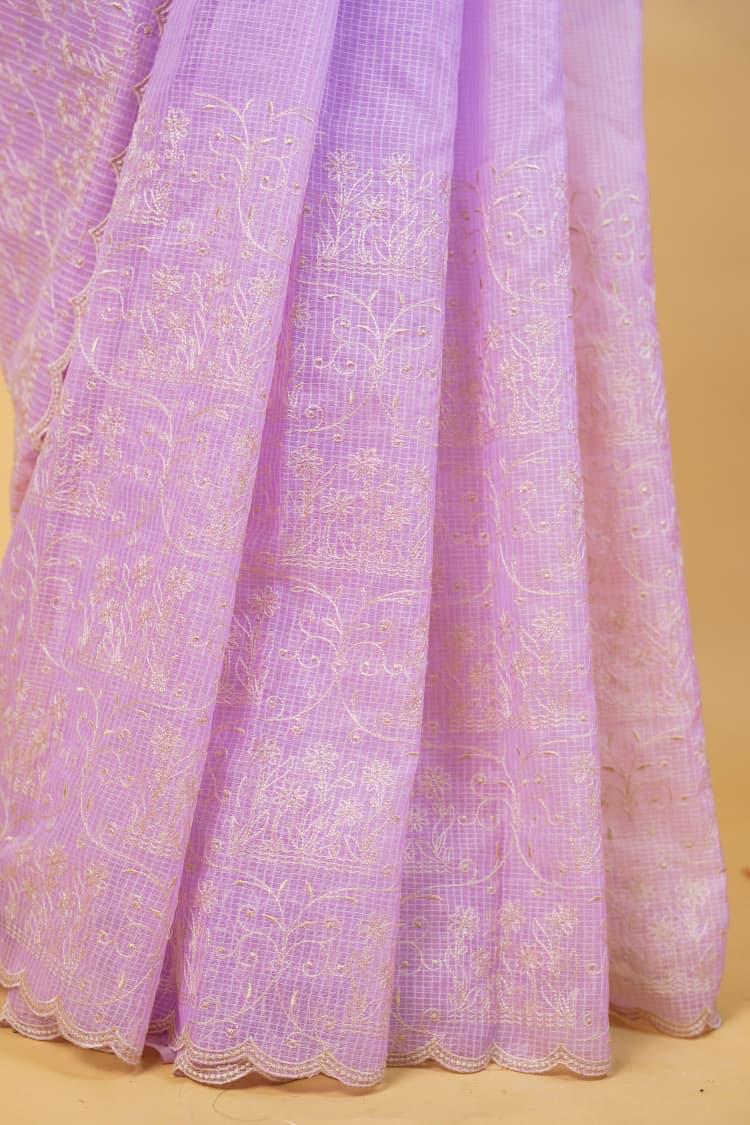 Lovender Cotton Kota Designer Embroidery Premium Banarasi Saree