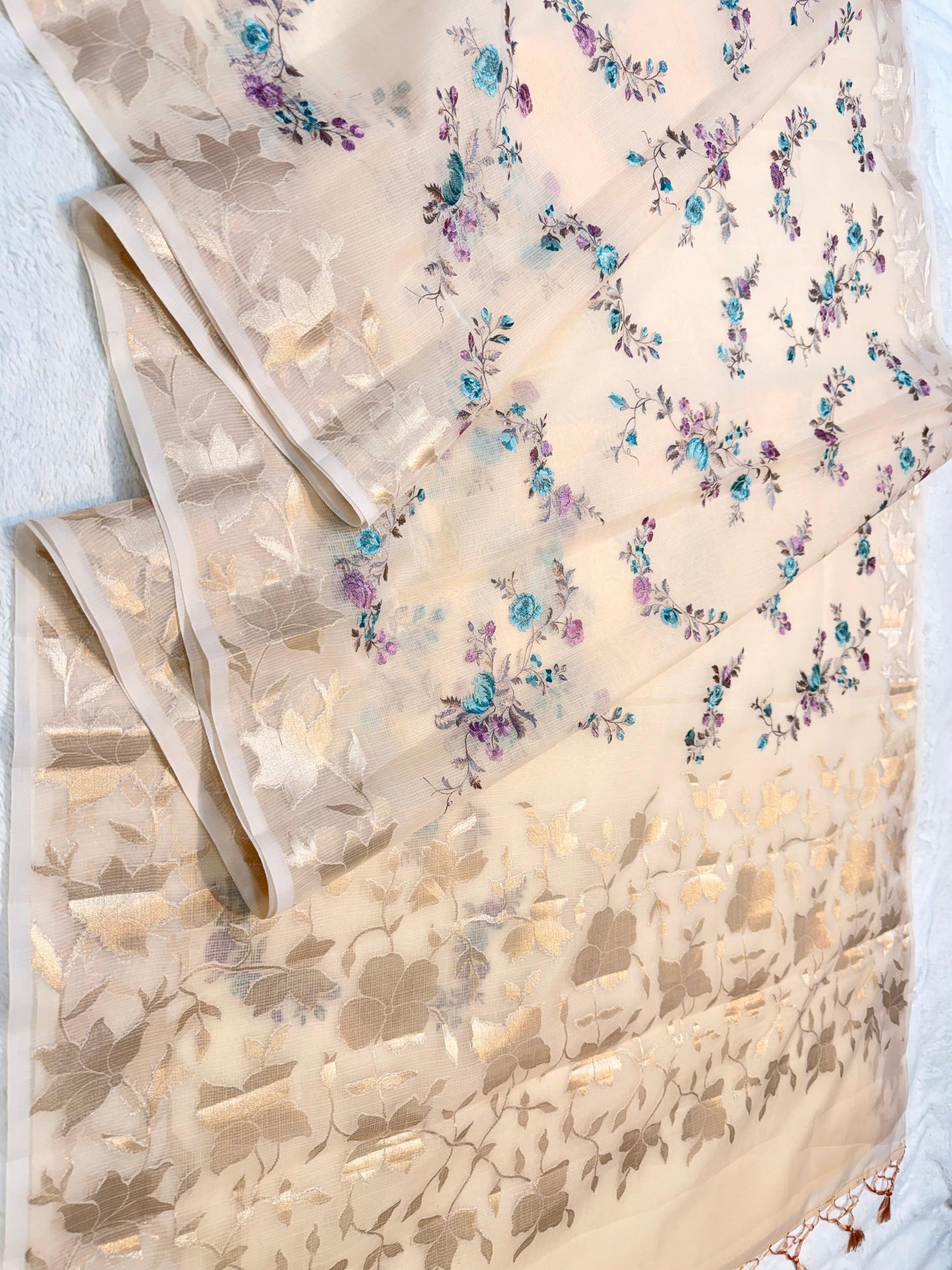 Peach Cotton Kota Designer Embroidery Premium Banarasi Saree