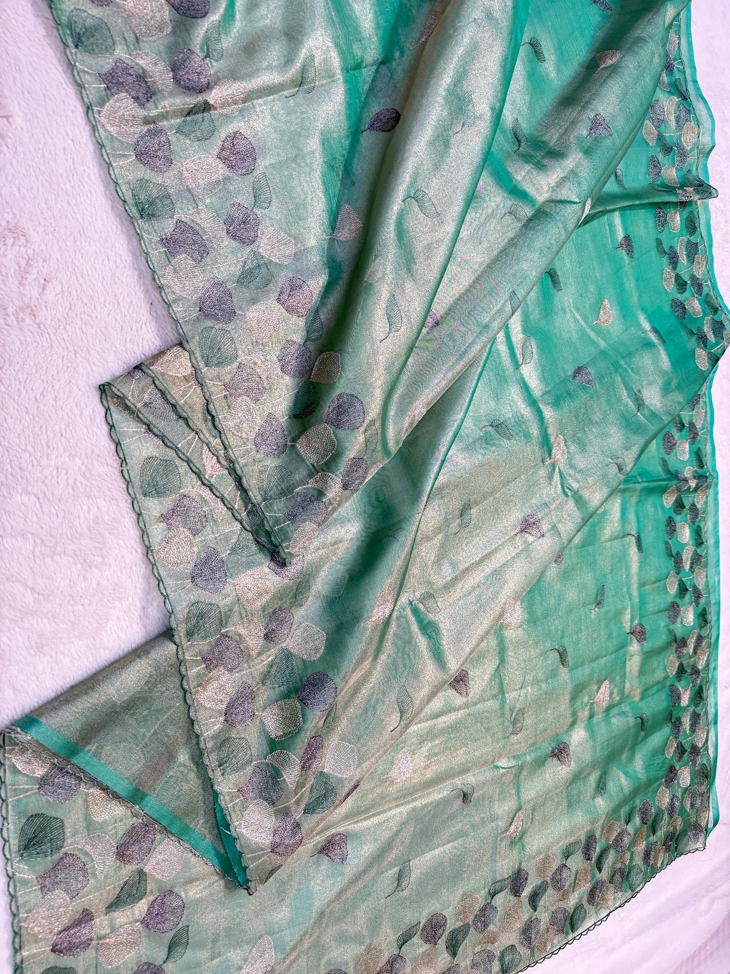See Green Tissue Designer Embroidery Premium Banarasi Saree