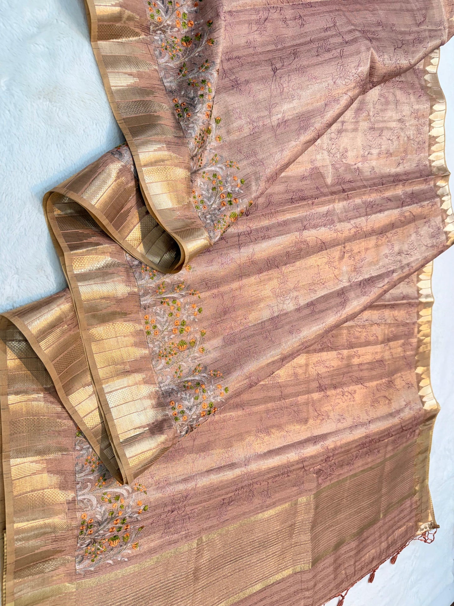 Peach Tissue Khadi Designer Embroidery Premium Banarasi Saree