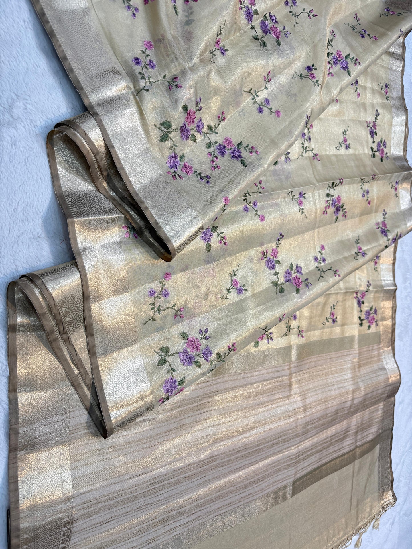 Pista Green Tissue Designer Embroidery Premium Banarasi Saree