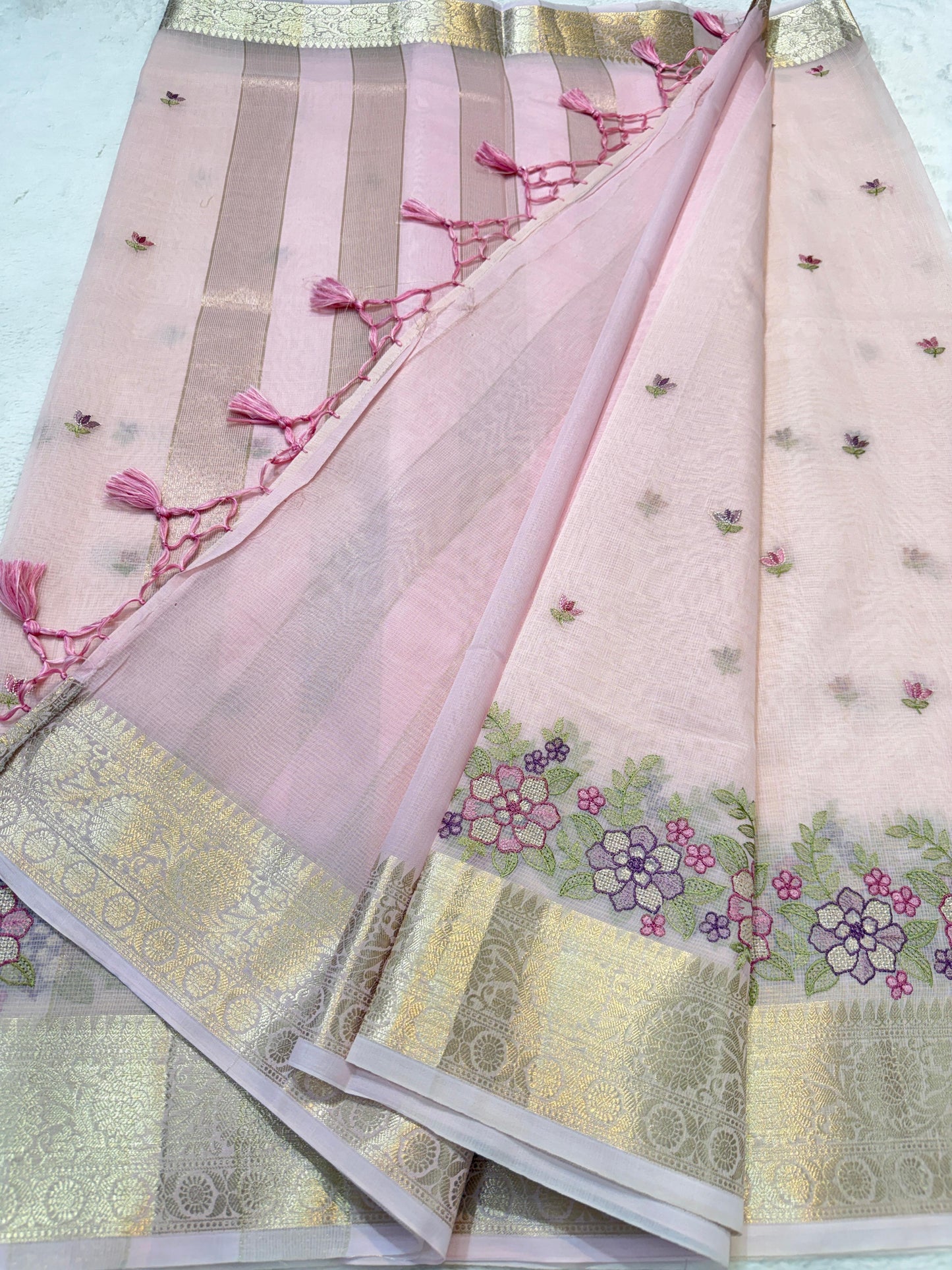 Pink Cotton Kota Designer Embroidery Premium Banarasi Saree