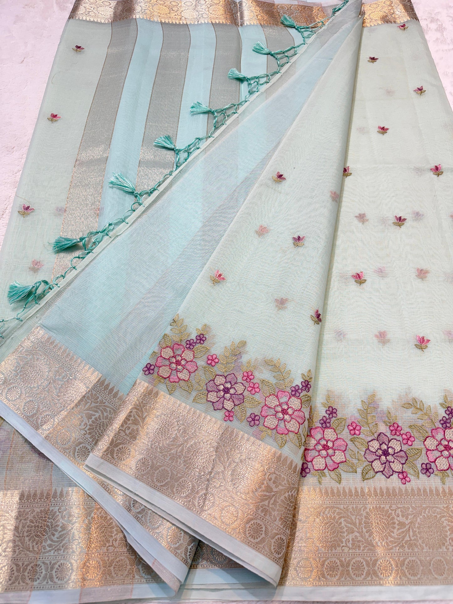 Aqua Blue Cotton Kota Designer Embroidery Premium Banarasi Saree
