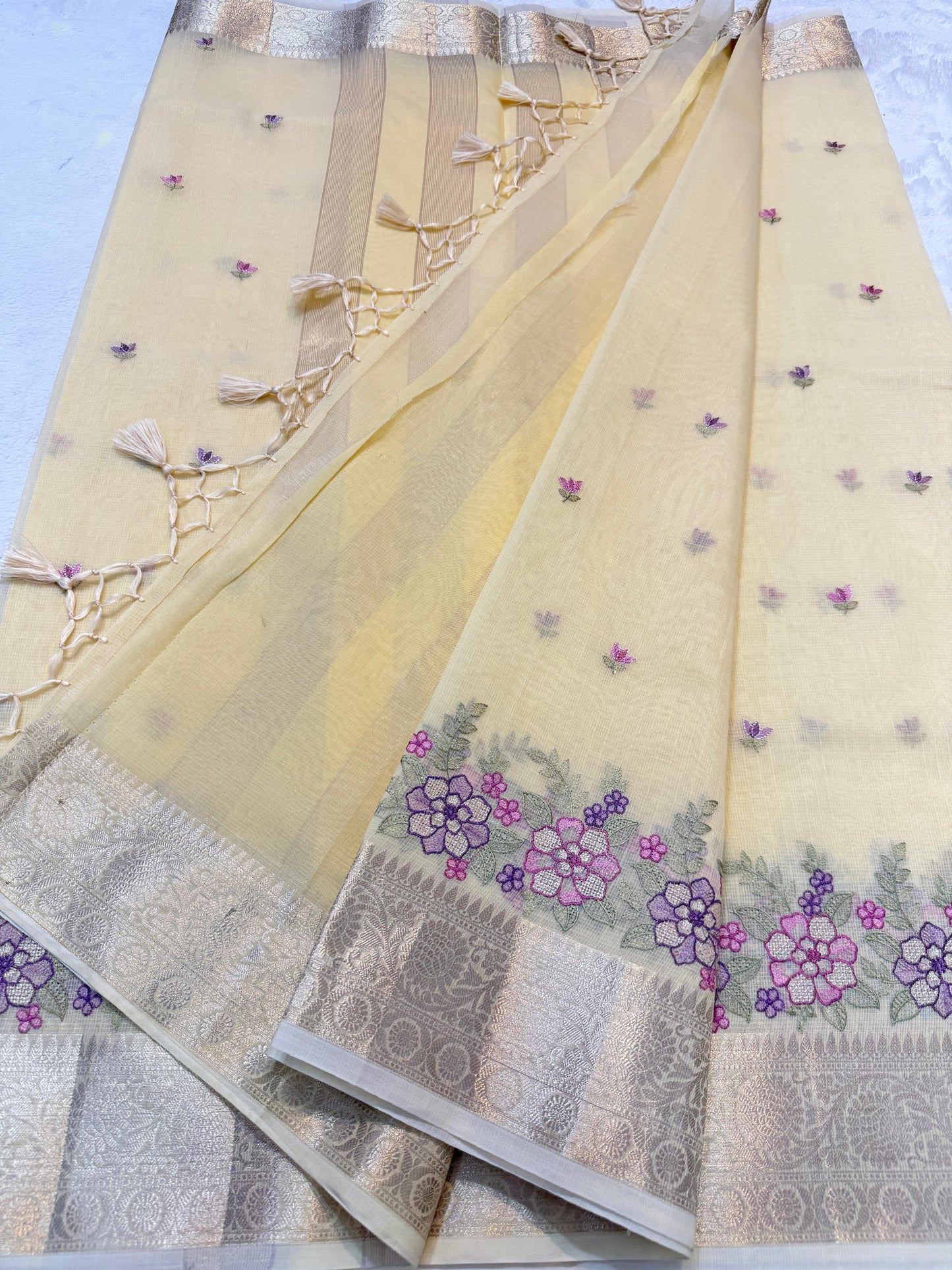 Gold Cotton Kota Designer Embroidery Premium Banarasi Saree