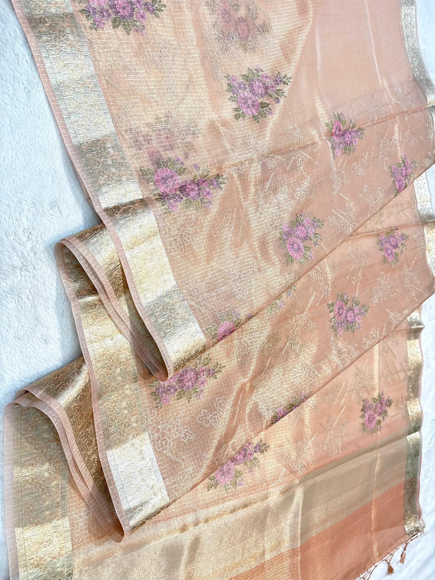 Peach Tissue Kota Designer Embroidery Premium Banarasi Saree