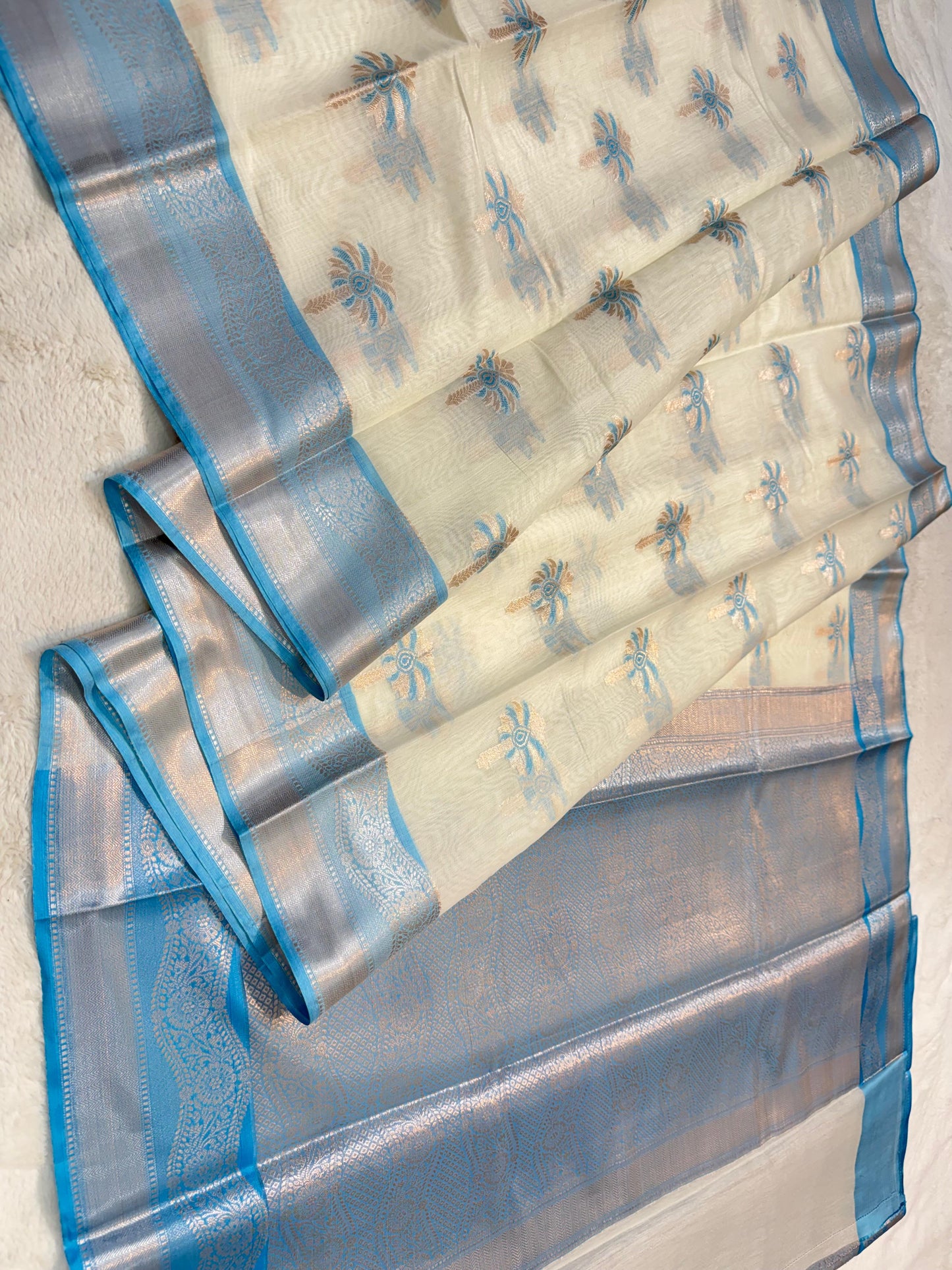 Sky Blue Cotton Mina Kari Banarasi Saree