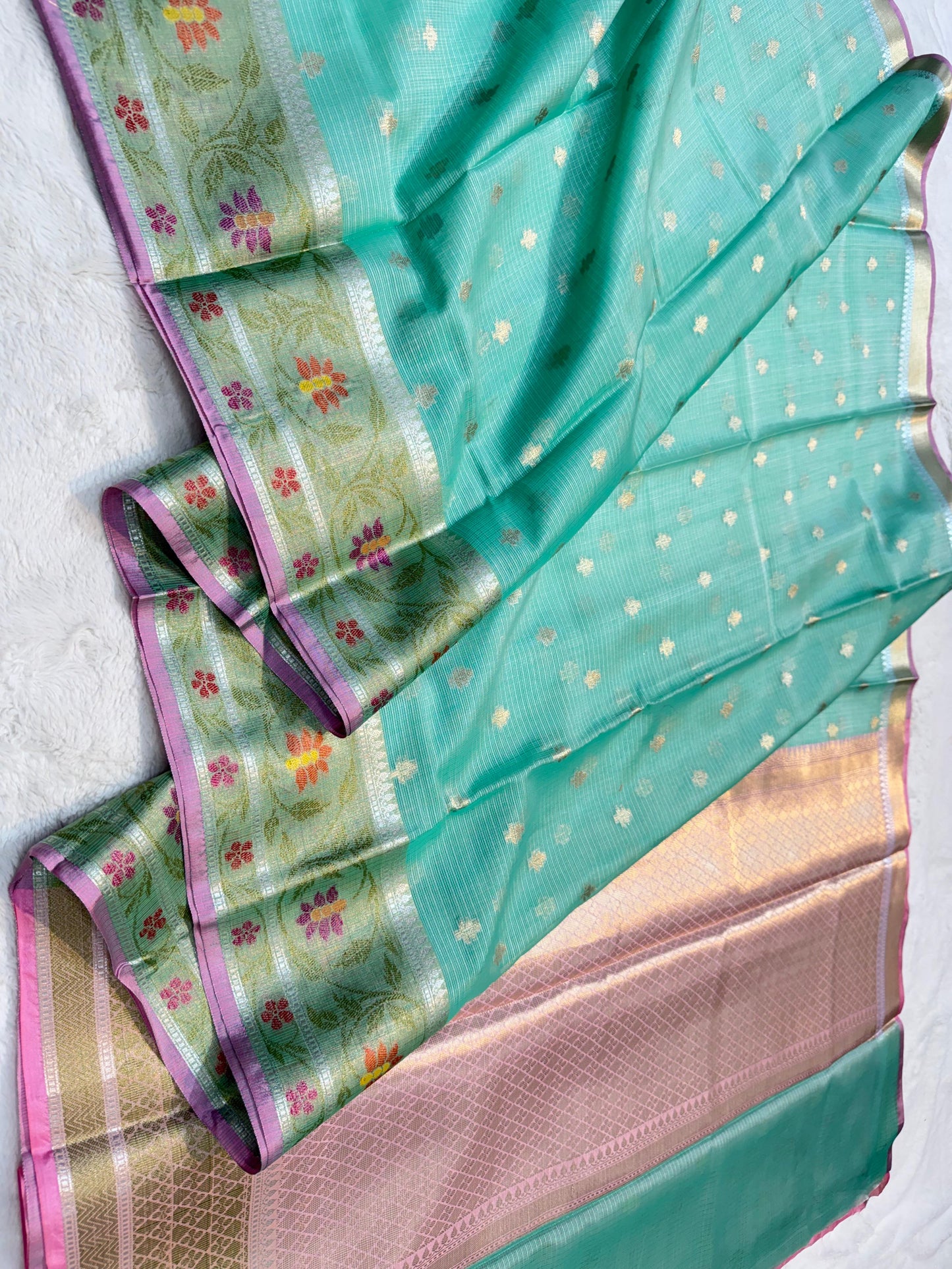 Ocean Blue Cotton Kota Pathni Border Premium Banarasi Saree