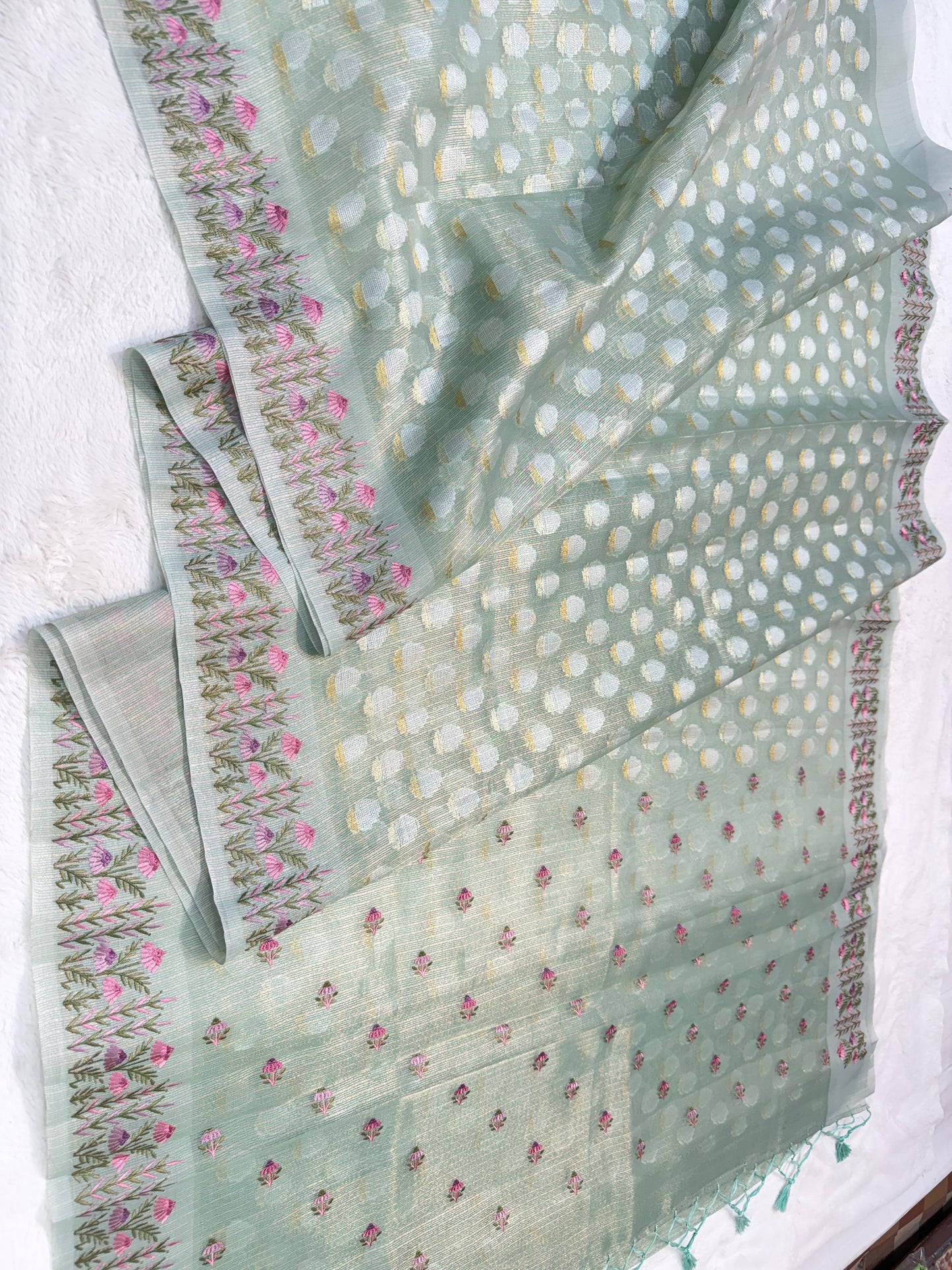 Sea Green Tissue Kota Designer Embroidery Premium Banarasi Saree