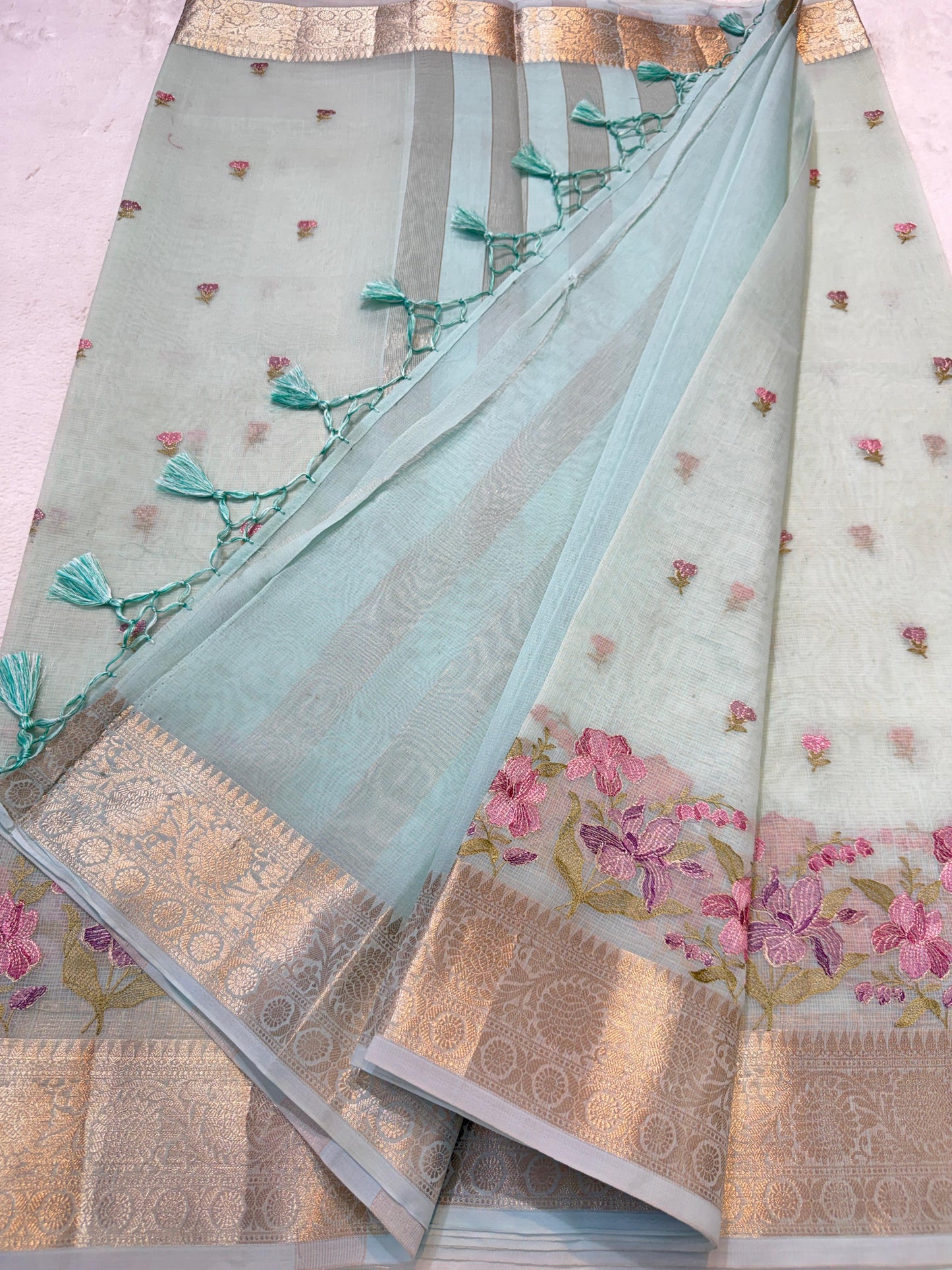 Aqua Cotton Kota Designer Embroidery Premium Banarasi Saree