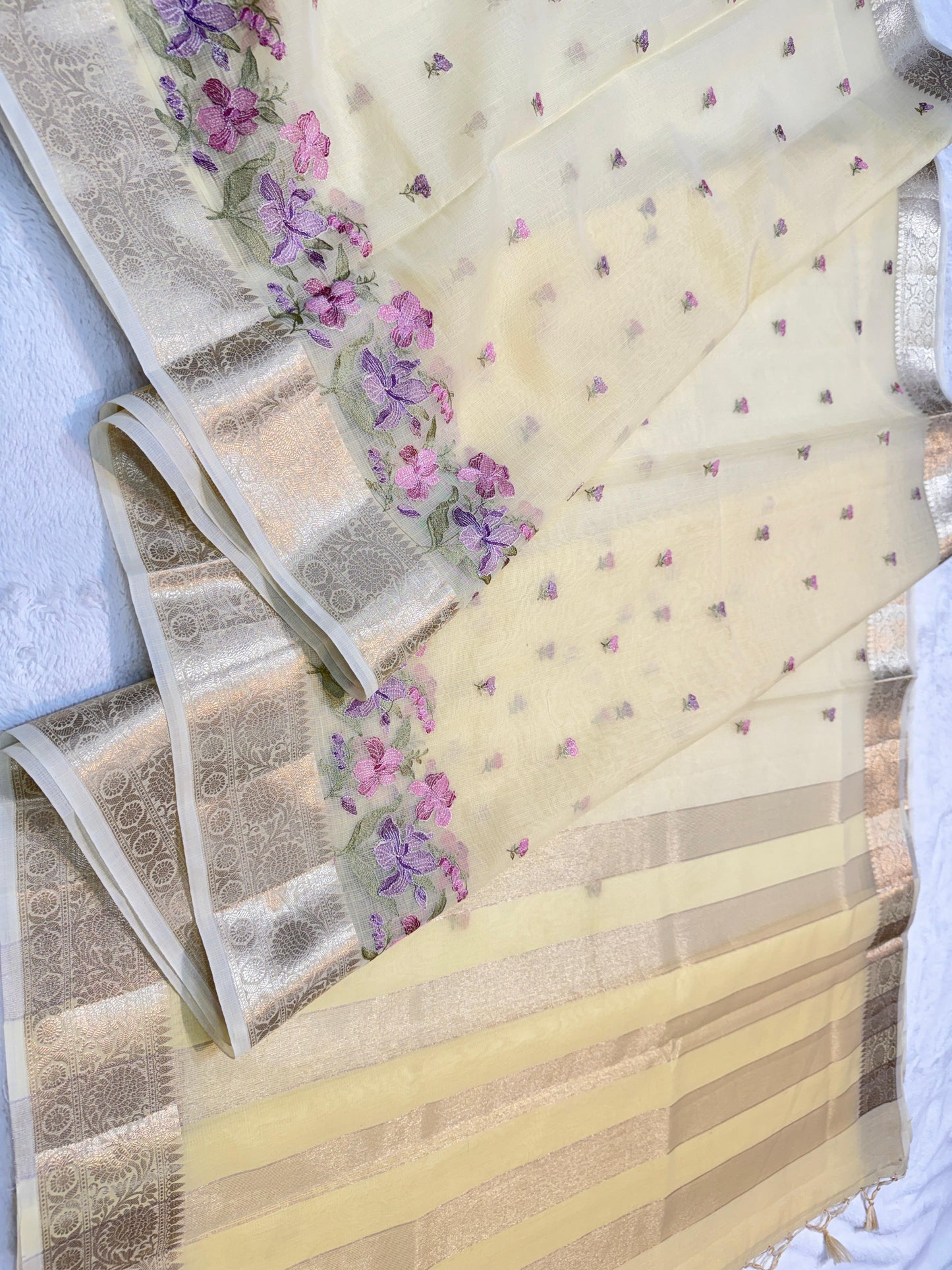 Gold Cotton Kota Designer Embroidery Premium Banarasi Saree