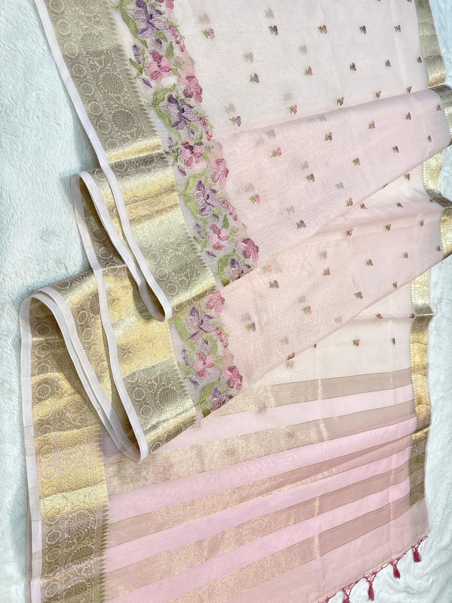 Pink Cotton Kota Designer Embroidery Premium Banarasi Saree
