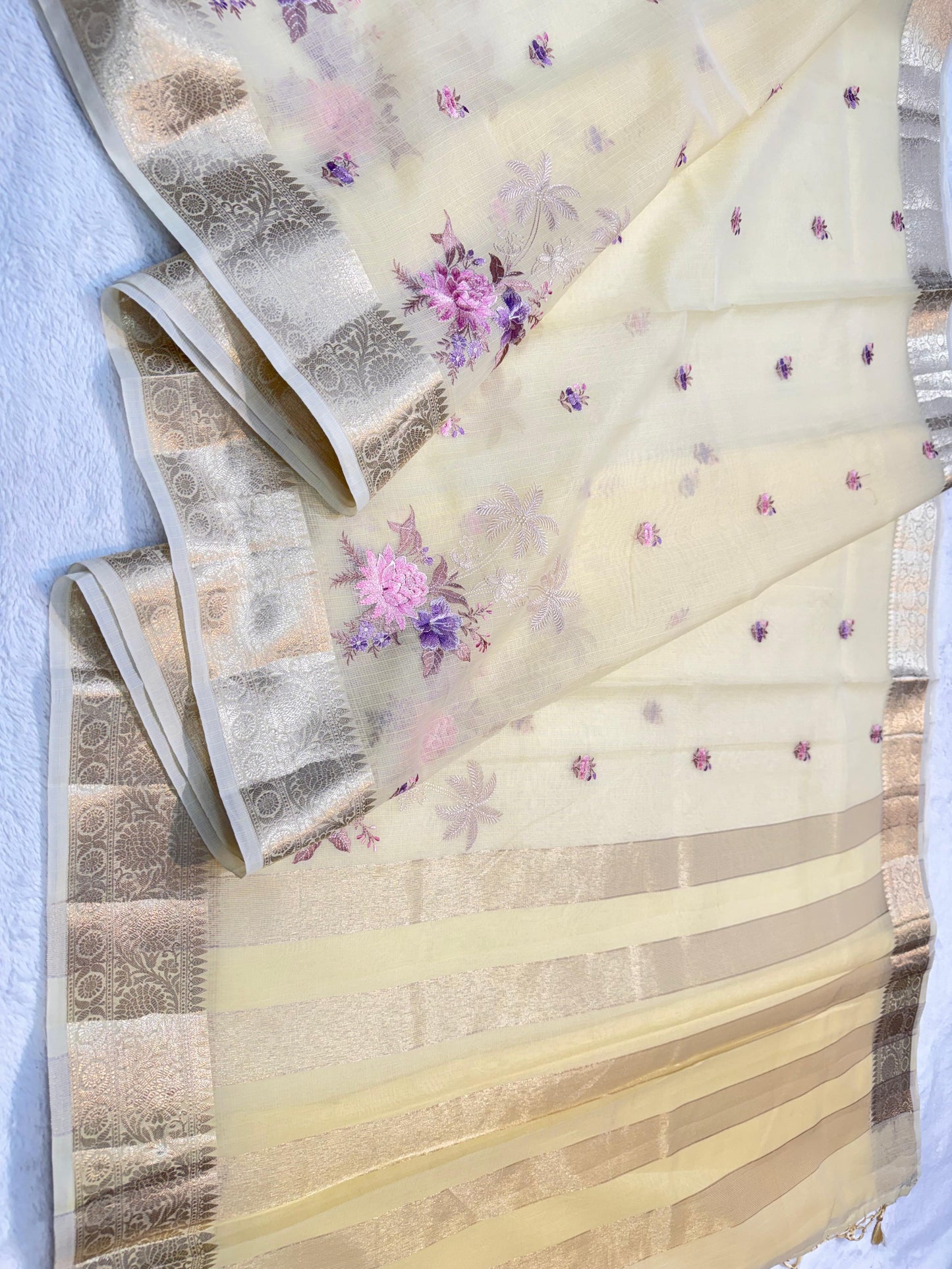 Gold Cotton Kota Designer Embroidery Premium Banarasi Saree