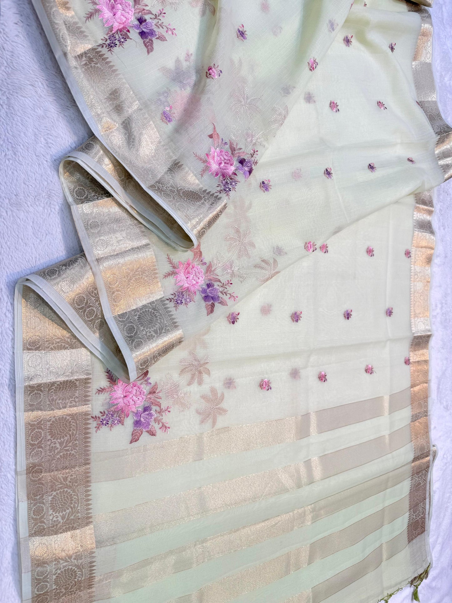 Pista Green Cotton Kota Designer Embroidery Premium Banarasi Saree