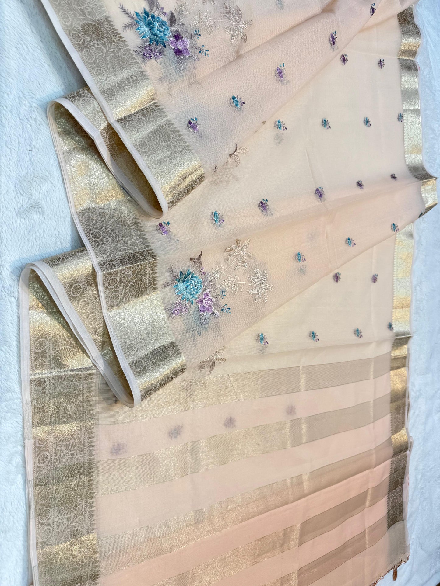 Peach Cotton Kota Designer Embroidery Premium Banarasi Saree